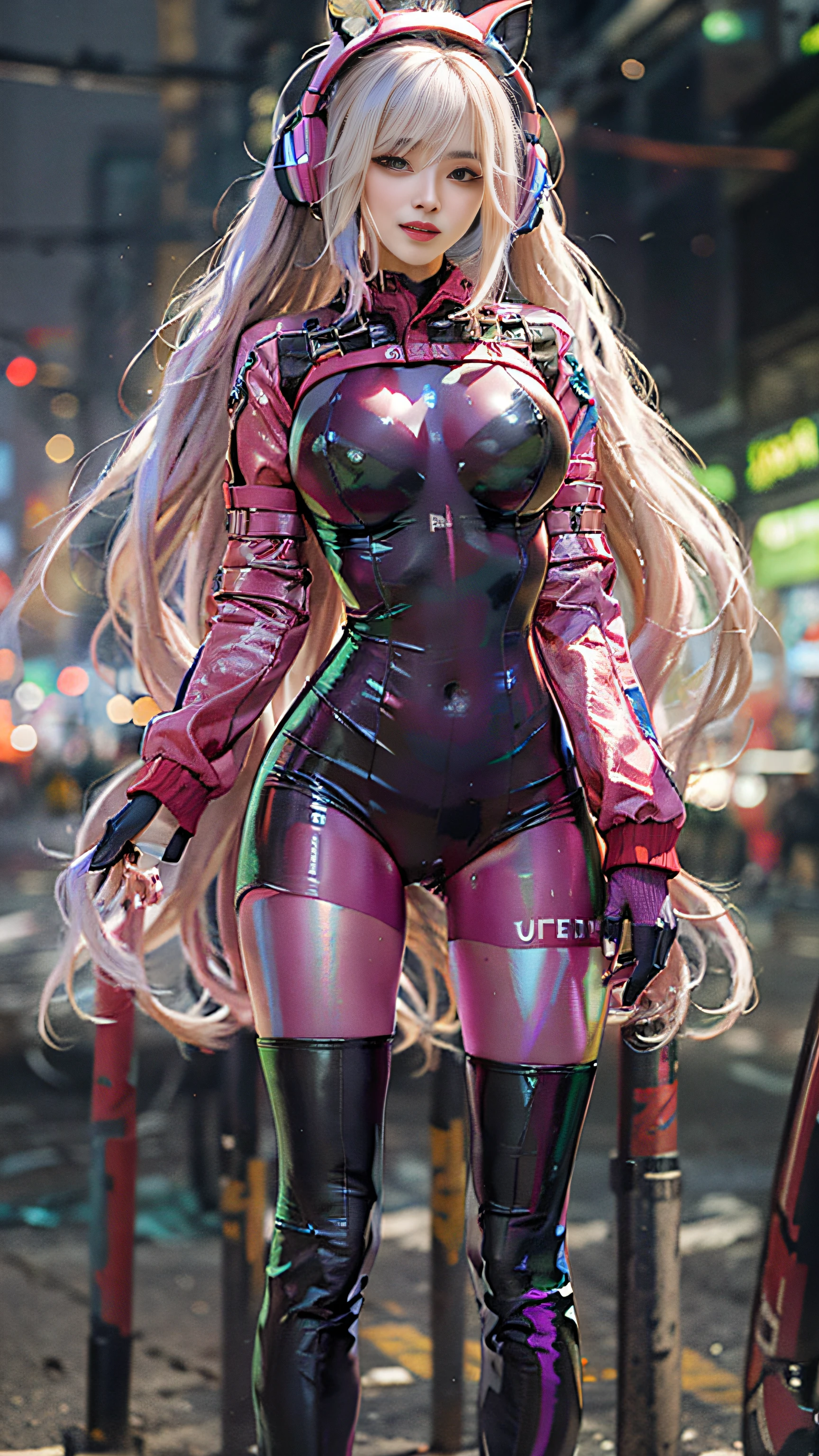 (Raw photo, Best Quality, masutepiece:1.2), (Realistic, Photorealsitic:1.4),(masutepiece:1.4),(Best Quality:1.4),1girl in, Solo, :D, animal ear headphones, Arms up, Bangs, blush, body suit, breasts, Bunny Pose, clothes writing, Covered navel, Cowboy Shot, Cropped jacket, gloves, (((Cyberpunk street background))), Hair intake, headphones, impossible bodysuit, Impossible clothes, Jacket, Large breasts, Latex, Latex bodysuit, Long hair, Long sleeves, Looking at Viewer, Large breasts, Multicolored gloves, Open mouth, Pink Bodysuit, Pink eyes, Red jacket, clothes shiny, Shrug \(Clothing\), side locks, Skin Tight, Smile, Thigh gap, thighs thighs thighs thighs, Twin-tailed, Very long hair, White Gloves, White hair,Alice \(nikke\),(Shiny skin),Realistic.