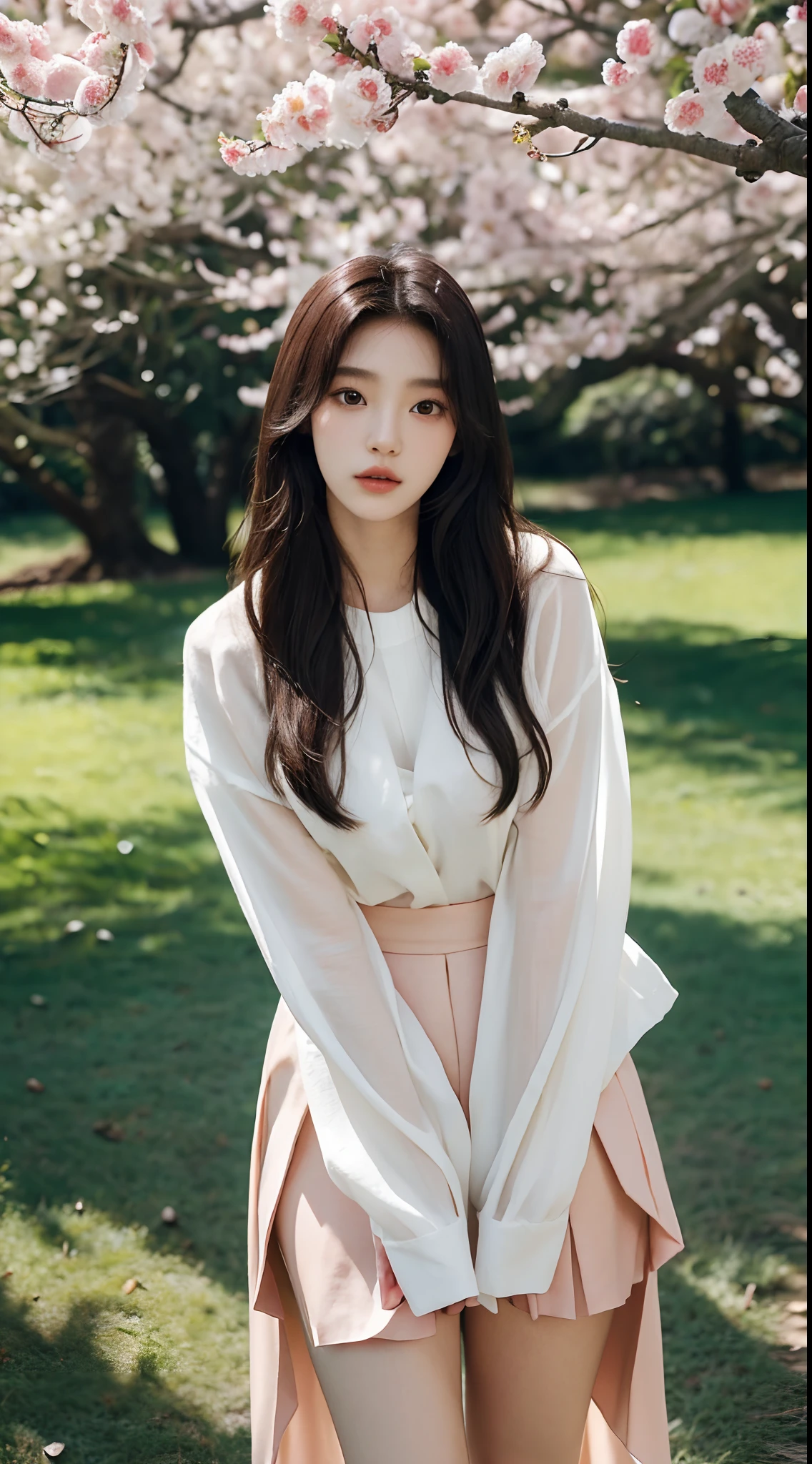 (Best quality, Masterpiece,16k), 1girll, Korean girl,18yr old,Absolutely beautiful, Amazing, In the park,Under the peach blossoms,Noble,perfect bodies, Perfect face shape,Charming eyes,Bright big eyes,二重まぶた,Long eyelashes,sensual lip,White skin,The gauze skirt flew up,Very real,goodlooking,Ethereal beauty