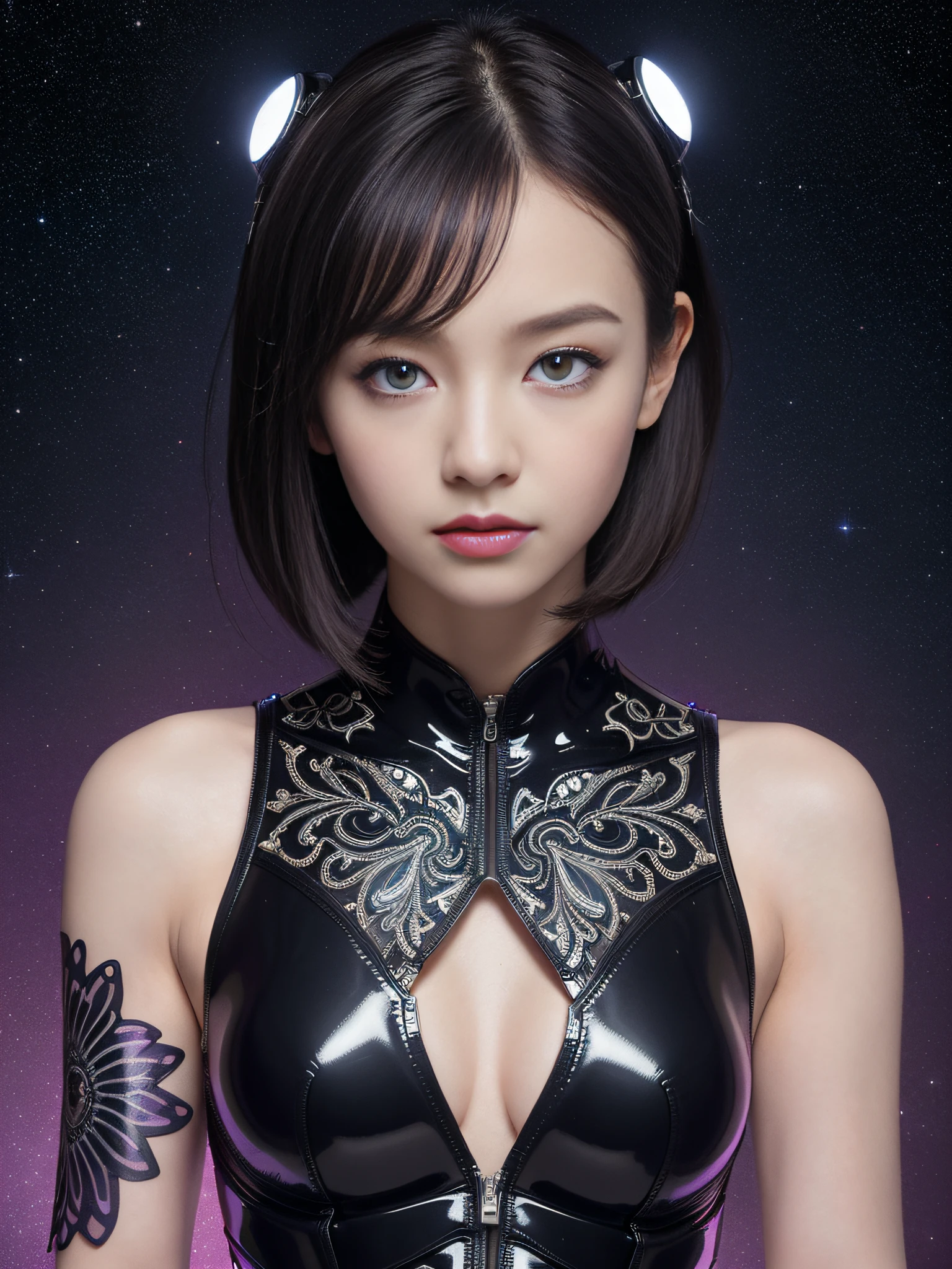 8K、(masuter piece，top Quority，best qualtiy，Beauty and aesthetics：1.2)、(1girll:1.3)、full body Esbian、(((((Perfectly accurate human body)))))、(((Gaze staring at the photographer)))、(((Russian girl )))、(Detailed futuristic cool hair)、(Silver hair with a silky sheen,)、((short-haired))、(((8 Head Body)))、(((((very thin abdomen)))))、(((Detailed cute beautiful face)))、(((Detailed drooping eyes)))、((((undersized head))))、((a small face))、Detailed bright eyes、(((((a baby face)))))、skin、thin arm、(((very Bigger breasts)))、(((((Very big hips)))))、(((Very deep background)))、Futuristic art、(fractals:1.3)、(Farbe：1.1)、(florals:1.3)、(Zentangle:1.2), full body Esbian, (Abstract background:1.2), Shiny skin, (Many colors:1.4), (factor:1.5),(Raw photo:1.2)，Light Purple Latex Jumpsuit、Futuristic accessories，Hollow-On，Wearing a very tight suit, chrome bodysuit, (((cyberpunked))), ((colorful neon)), Very shiny purple latex suit、kosmos、(intergalactic)、seductiv、metalic、butterflys、Fantastical、Sleeveless、Precise nails、Very delicate eyelashes、very delicate thin eyebrows、Precision fasteners、High Precision Machine、No letters、Kamimei、tron、A sexy、very dark background、eyesight、((milkyway))、(bladerunner)