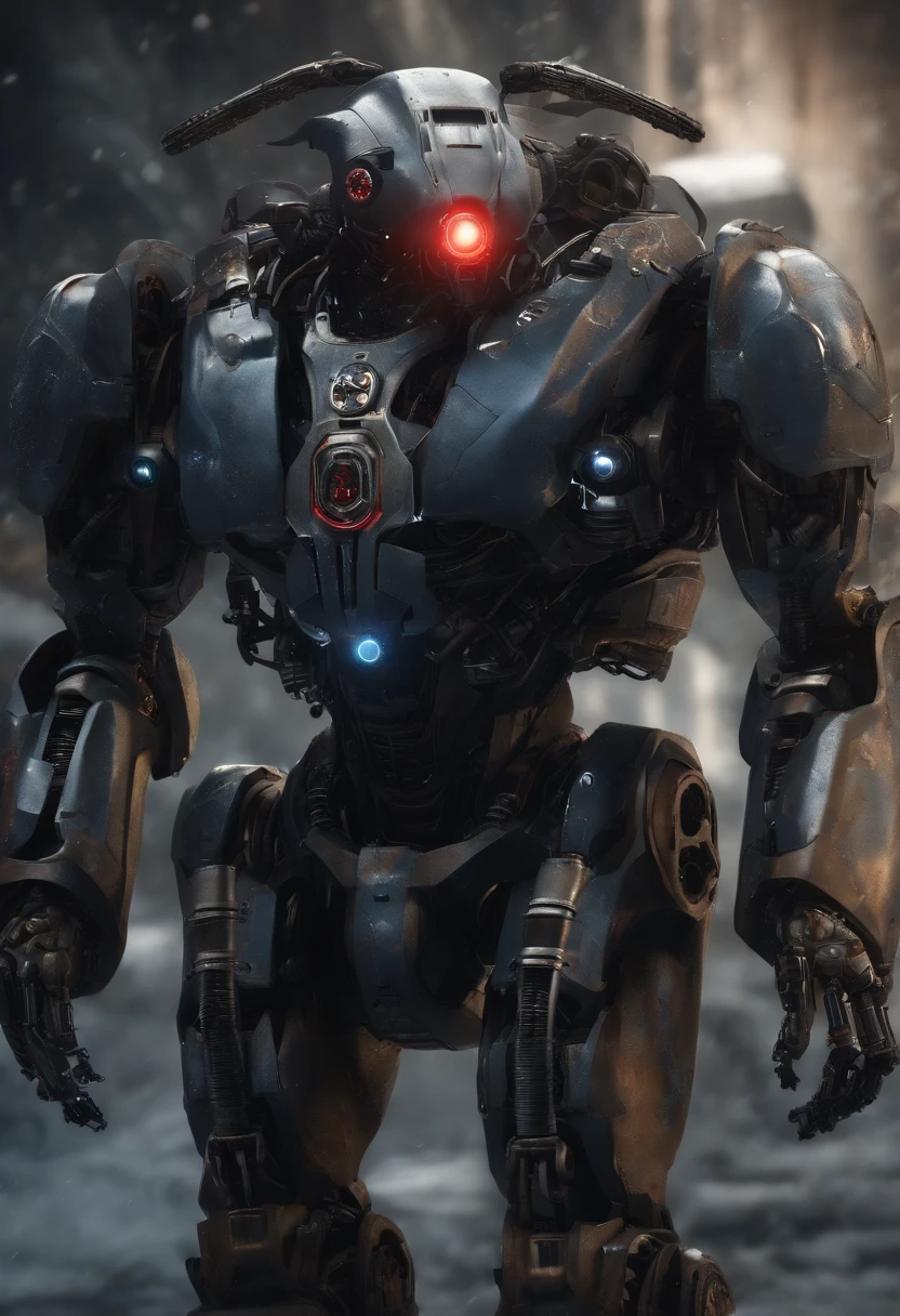 (best quality,highres),(robotic,sci-fi:1.1),(dog,cyborg),(fear,horror),(robotic eyes,glowing red eyes),mechanical parts,metallic surface,steampunk elements,night scene,ominous lighting,electric sparks,mechanical sounds,advanced technology,sci-fi atmosphere,post-apocalyptic world,unusual proportions,sharp claws,dystopian future,mysterious shadows,metal joints,eerie atmosphere,robotic movements,scientific experiment,gears and cogs,electric circuits,wires and cables,mechanical exoskeleton,dark alleys,imposing presence,menacing gaze,robotic enhancements,mutated form,evolving consciousness,uncanny valley,alternate reality,destabilized reality,machine-human fusion,synthetic organism,unnerving transformation,unhinged jaw,exoskeleton armor,color scheme:blue and silver.
