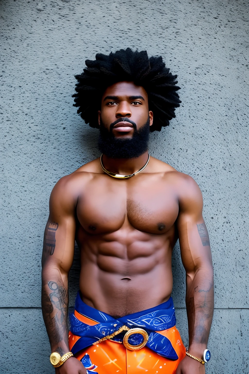Create an image of a black ninja after an apocalypse in the future, afro cabelo caindo para frente, Rasta type but braided, corpo inteiro, vestindo um traje indiano ribulo africano corpo inteiro, A realistic 4K phoenix with blue feathers, dourado, cosmico , com uma Moreno, de cabelo afro cabelo caindo para frente, Rasta type but braided, Estilo Art Vista de Corpo Inteiro, plano completo, vista frontal, Vista lateral, vista traseira, de personagem, Multiple views and poses, various points of view, um personagem, corpo inteiro, personagem com menos, estilo de roupa, no mesmo Estilo de cabelo, less Type of footwear, strong full-body vision, plano completo, vista frontal, vista traseira, design de personagem, Multiple views and poses, various points of view, de um personagem, corpo inteiro,, personagem com mesmo, estilo de roupa, no mesmo Estilo de cabelo, same type of footwearThe route follows the cores of the Cape Verde flag. The top is deep blue, simbolizando o oceano que cerca as ilhas. The chest and the central part are white, representando a paz e a unidade do povo cabo-verdiano. The sleeves and legs are red, denoting determination and spirit, do 10 Estrelas Douradas, : Ten gold stars are prominently displayed at the top of the costume, ao longo do peito e ombros, representando as 10 principais ilhas de Cabo Verde. Cada estrela, It is carefully detailed and shines brightly against the background Star Belt A wide belt, also golden, is used in Tribal Details, O traje incorpora elementos tribais discretos em seu design, referencing the cultural heritage of Cape Verde