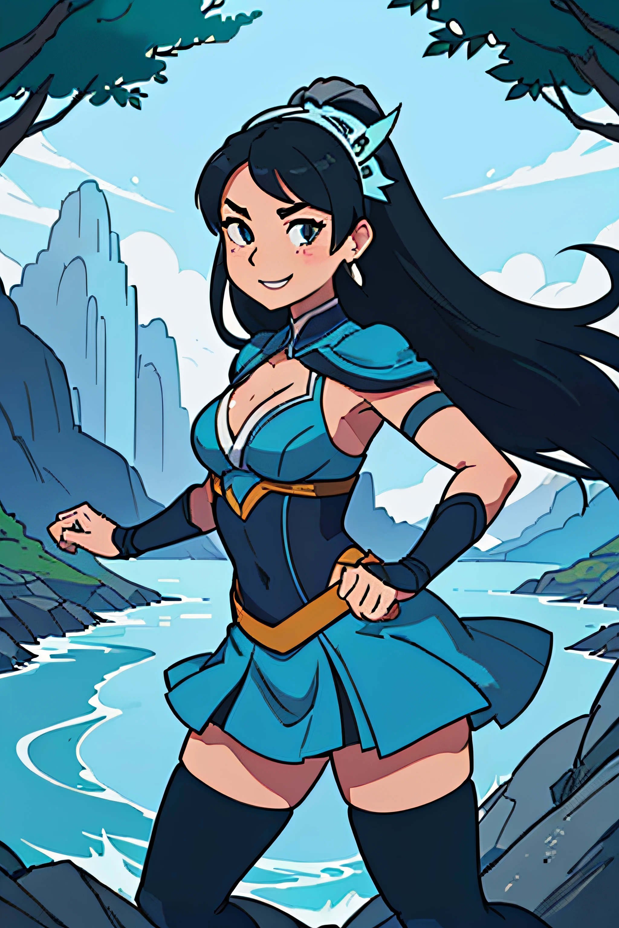 (melhor qualidade: 0.8), (melhor qualidade: 0.8), Perfect anime illustration, retrato de close-up extremo de uma mulher bonita andando pela cidade, The artwork is a high-quality master piece, the theme of the artwork is the character Kitana from Mortal Kombat, Kitana is portrayed as a girl with black eyes and black hair, She is standing in a forest with a scale of 1.1, , Kitana's eyes are perfect in her expression, She has her arms at her side, There is a river visible in the scenery, the work is a full-length portrait of Kitana, Kitana is smiling and wearing heeled sandals, The surrounding landscape is stunning with tall and majestic trees, Kitana's skin is brunette and she has freckles on her face.