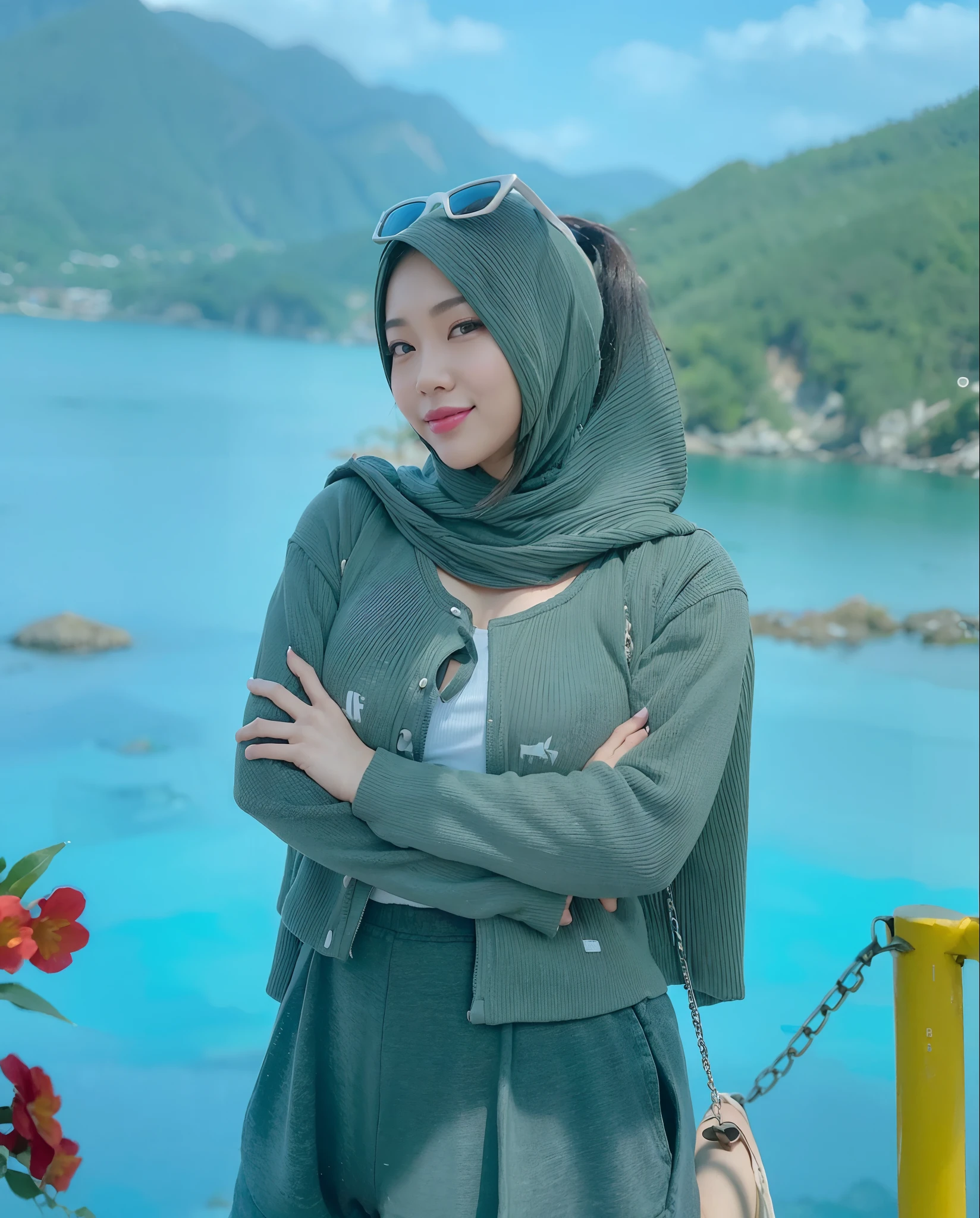 a pretty chinese girl，ponytail，Largest breast, smile, looking at viewer, military tanktop (very low neckline), cleavage, ripped shorts (legs spread apart), athletic sneakers，photore, realistic, Best quality at best, Lying on a large rock by the mountains, diffuselighting, depth of fields, Background bokeh