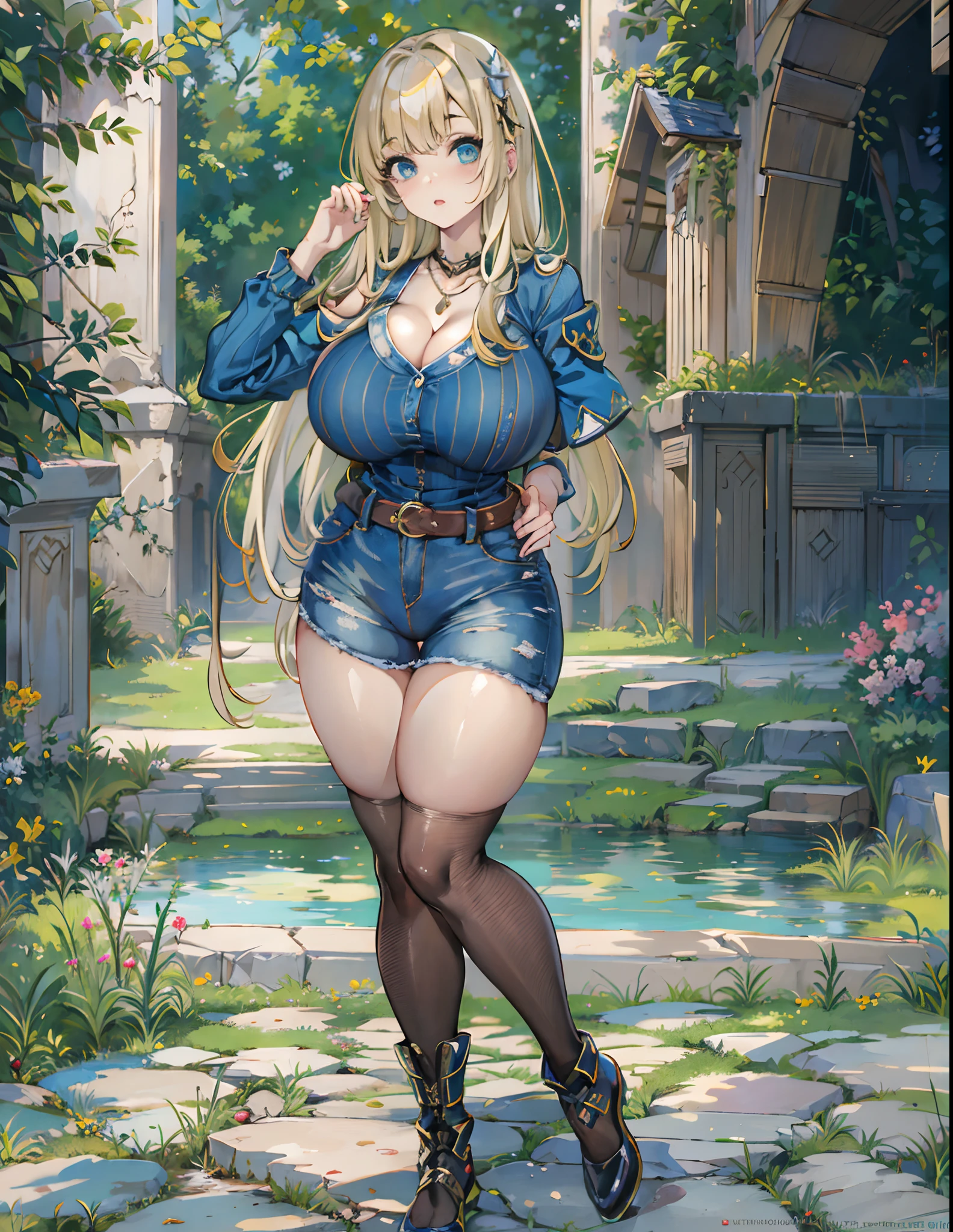 (masterpiece, top quality, best quality, official art, beautiful and aesthetic:1.2), masterpiece, best quality,  1girl,  with a edgHimeCut hairstyle,  blunt bangs, bangs, lake, nature, stone walkway,  full body, jeans, bare shoulders, blue shirt, necklace, crossed arms, from side, (large boobs:1.3),erected tits , Masterpiece, milf, onegai teacher, curvy, juicy cameltoe,