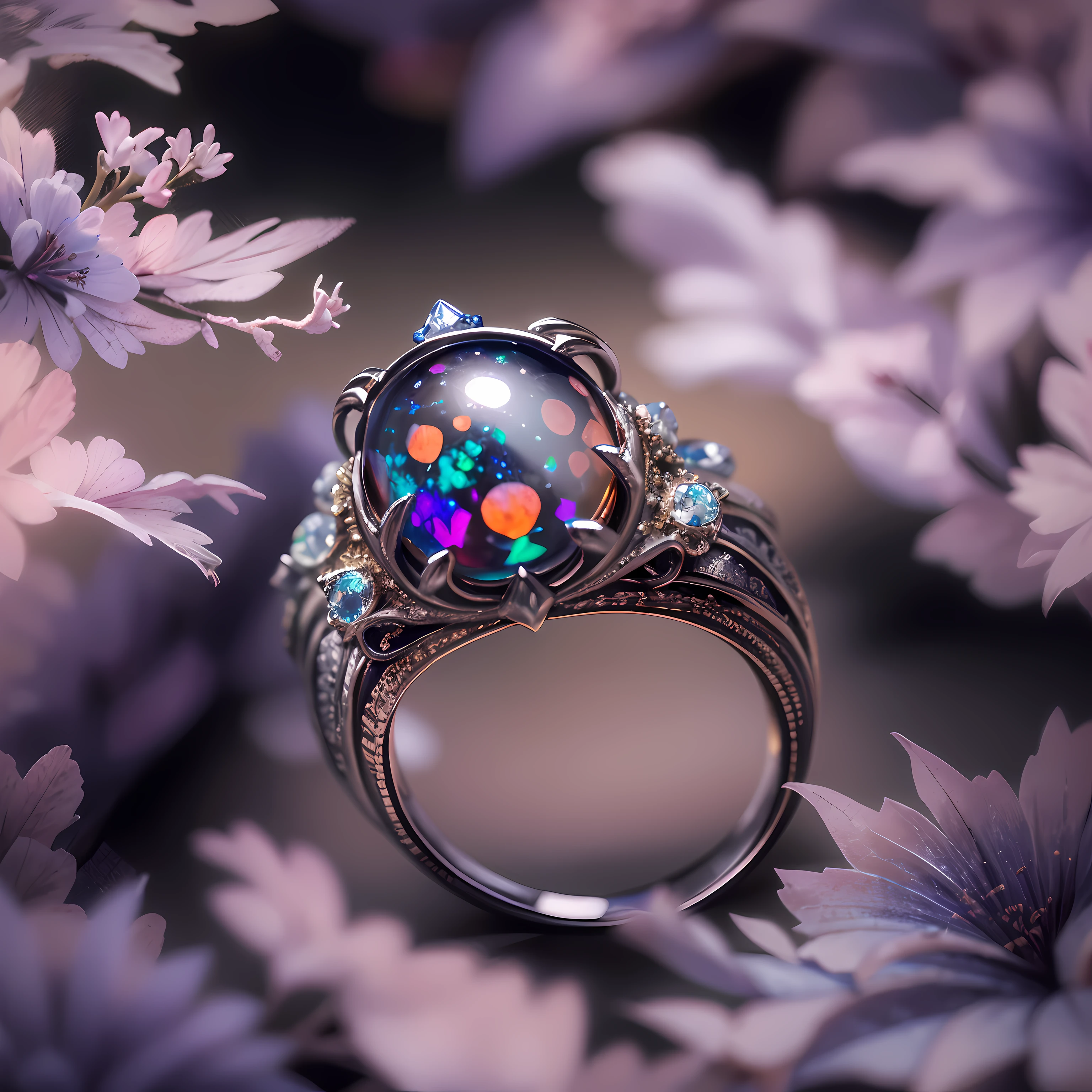 macro photograph, Ukiyo-e, Depth of field, Masterpiece, Super detail, High details, High quality,macro photograph, Masterpiece, Super detail, High details, High quality,
[Black Opal Garden Ring],Light luxury, {Set in platinum and yellow gold}