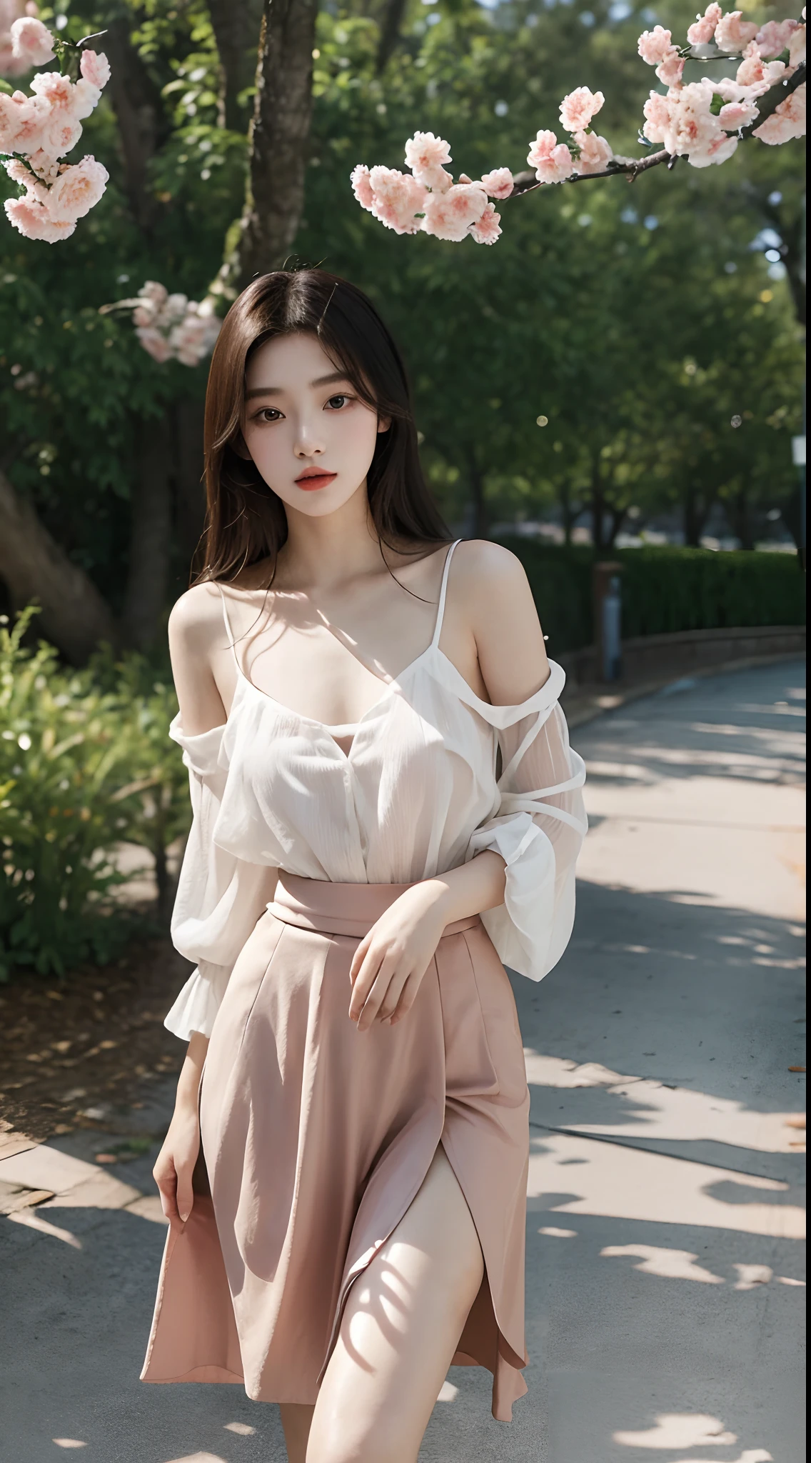 (Best quality, Masterpiece，16k), 1girll, Korean girl，18yr old，Absolutely beautiful, Amazing, In the park，Under the peach blossoms，Noble,perfect bodies, Perfect face shape，Charming eyes，Bright big eyes，二重まぶた，Long eyelashes，sensual lip，White skin，The gauze skirt flew up，Very real，goodlooking，Ethereal beauty