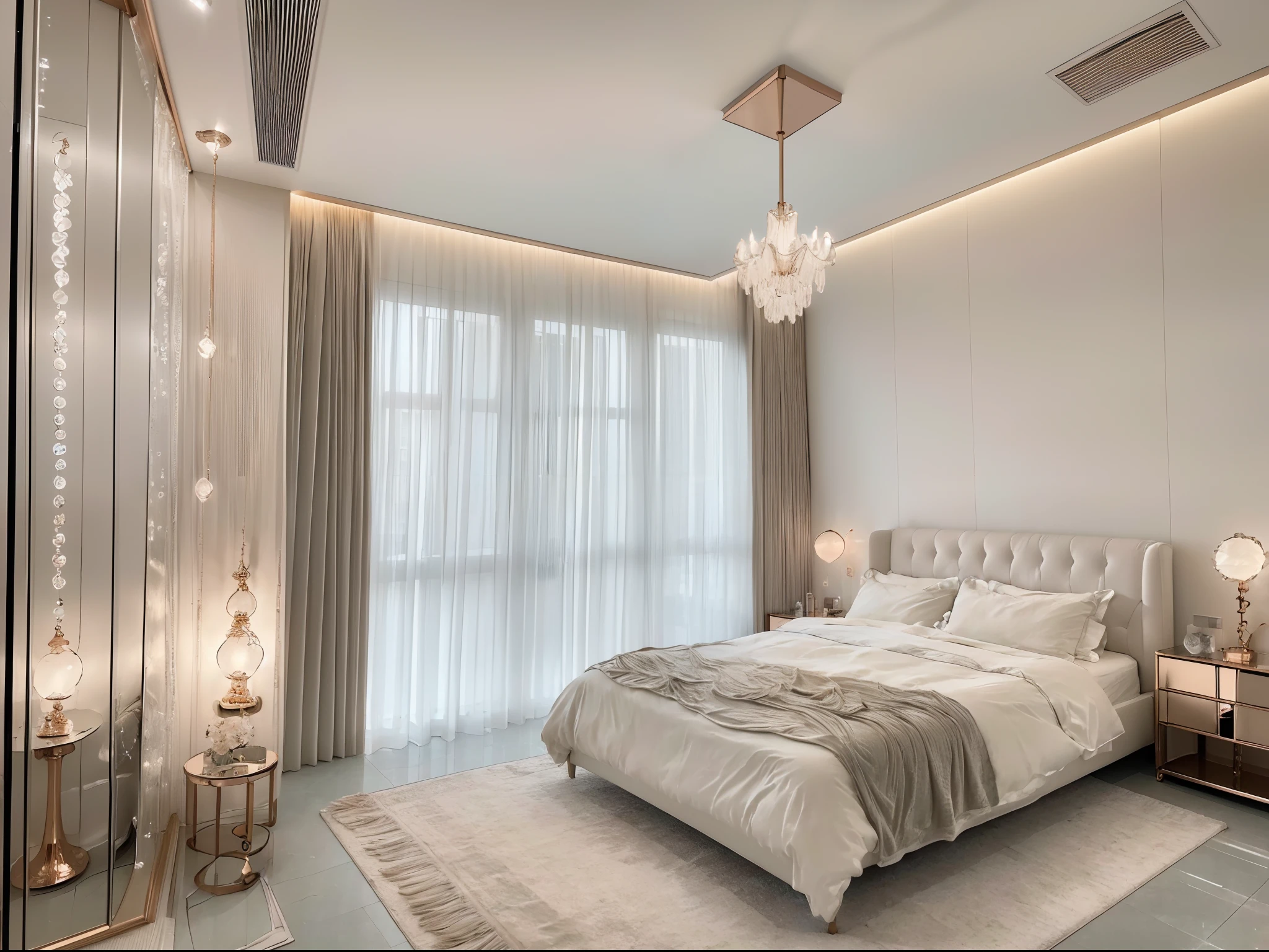 (best quality,ultra-detailed,highres,masterpiece:1.2),realistic,bedroom,transparent glass window, enchanting night sky view,crystal lamp,soft and gentle light,delicate rose gold four-poster bed, cozy cotton bedding,refreshing fragrance,mirror wall,high-end luxurious decoration,magical atmosphere,inspiring dreams.