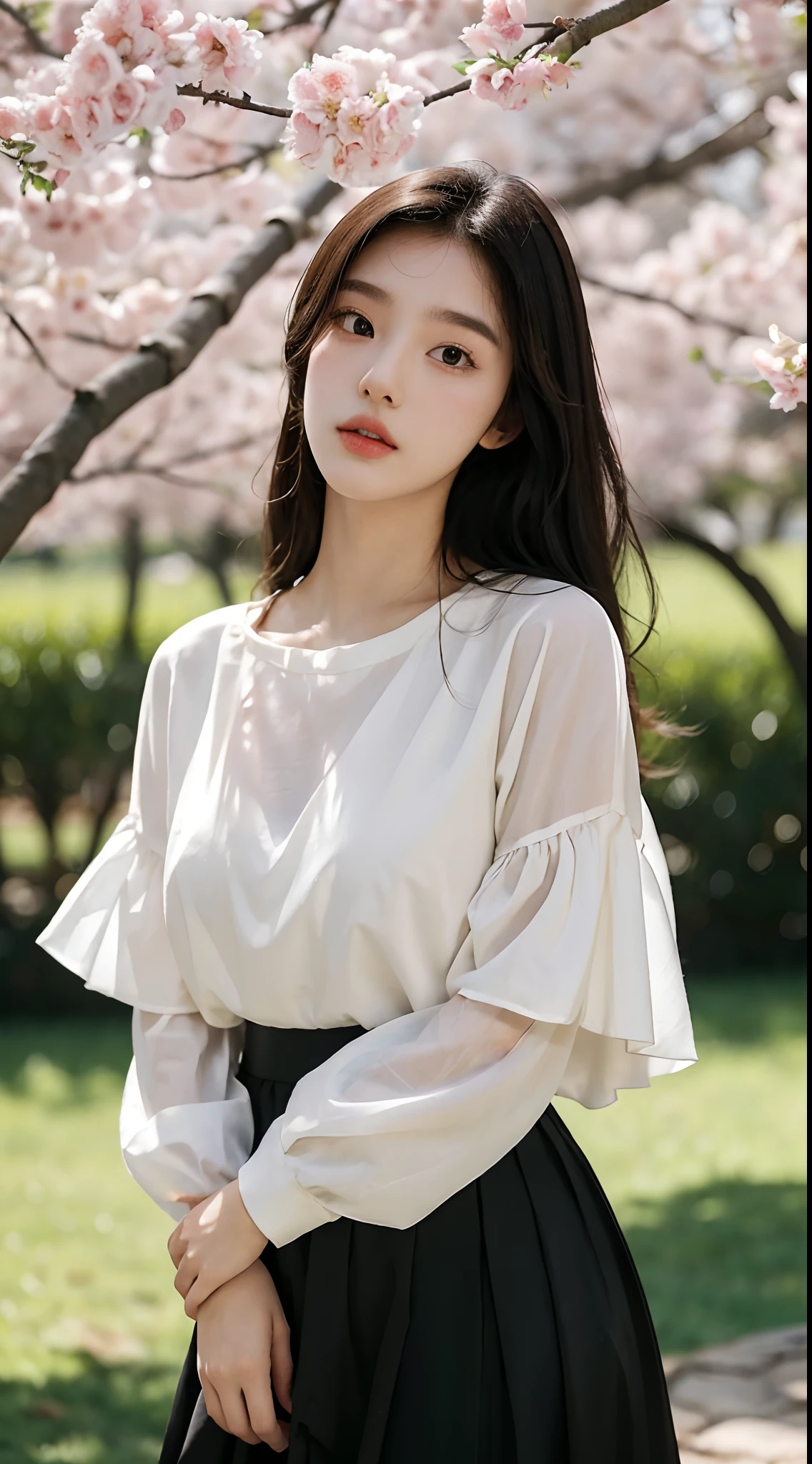 (Best quality, Masterpiece，16k), 1girll, Korean girl，18yr old，Absolutely beautiful, Amazing, In the park，Under the peach blossoms，Noble,perfect bodies, Perfect face shape，Charming eyes，Bright big eyes，二重まぶた，Long eyelashes，sensual lip，White skin，The gauze skirt flew up，Very real，goodlooking，Ethereal beauty