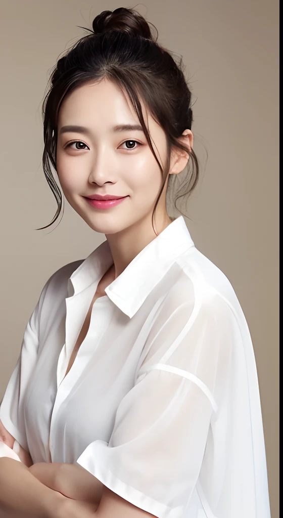 Wet Bun hair, wet happy lady, wearing wet white full open button shirt, crossed arms