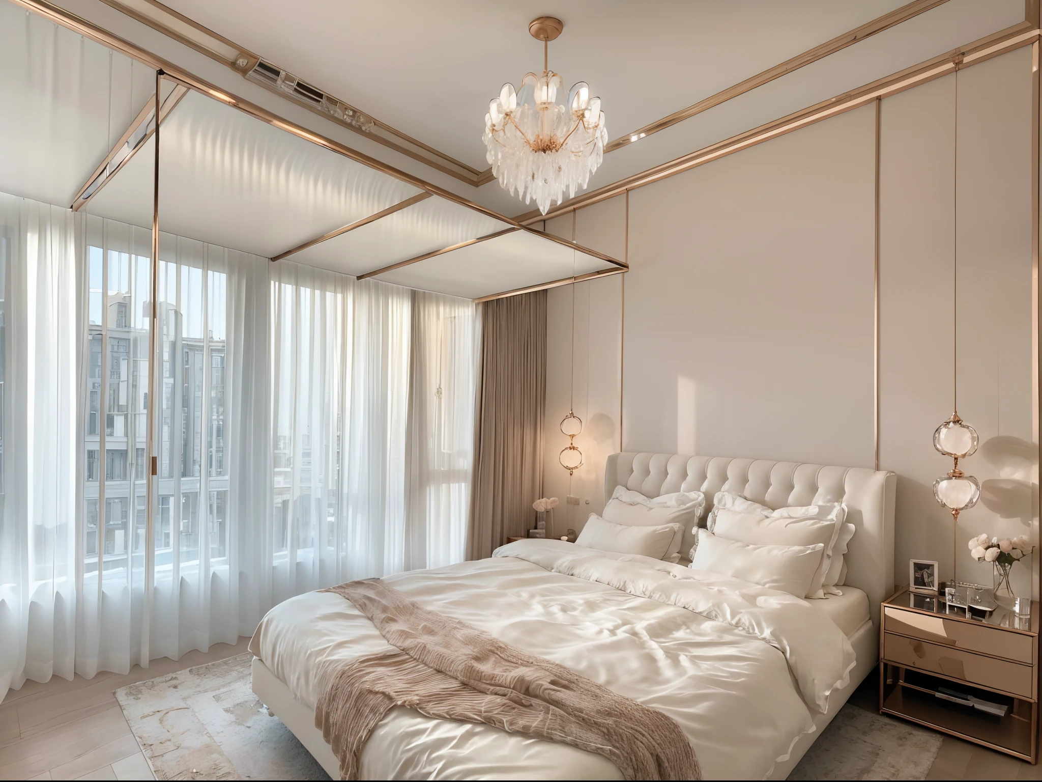 (best quality,ultra-detailed,highres,masterpiece:1.2),realistic,bedroom,transparent glass window, enchanting night sky view,crystal lamp,soft and gentle light,delicate rose gold four-poster bed, cozy cotton bedding,refreshing fragrance,mirror wall,high-end luxurious decoration,magical atmosphere,inspiring dreams.