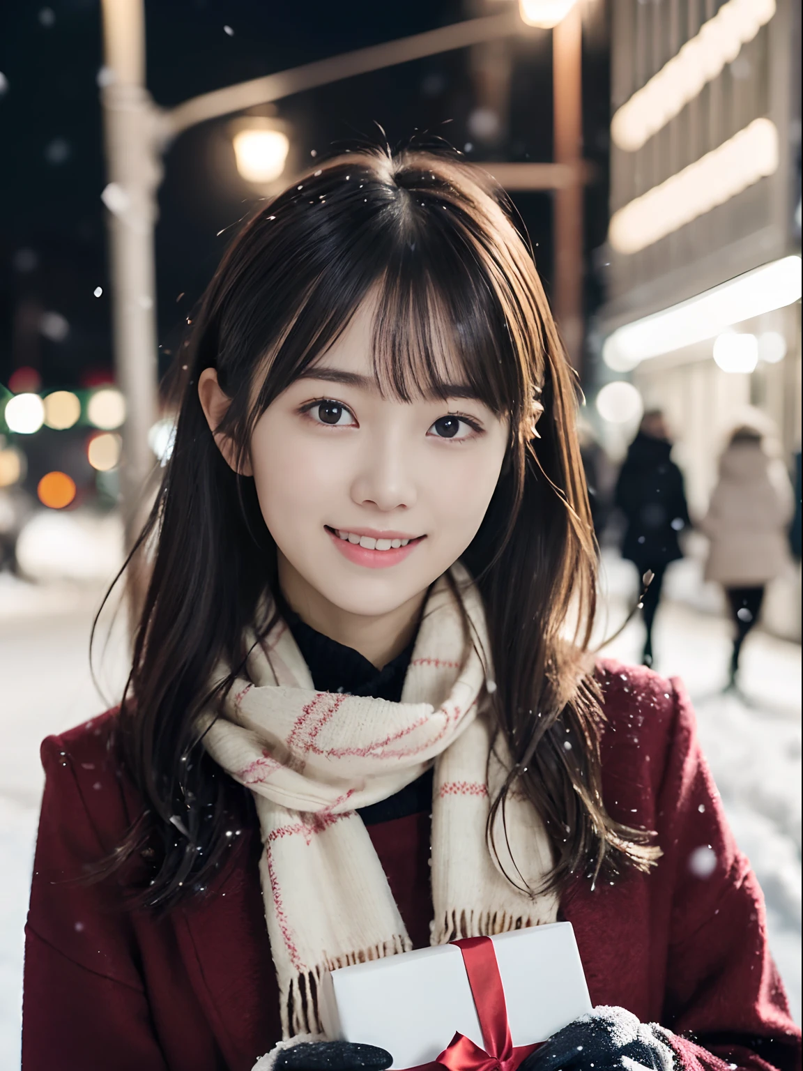 (Close-up portrait of one girl has long hair with dull bangs in a winter uniform and scarf coat:1.5)、(One girl open her arms widely with a shy smile has a gift box in hand with gloves:1.5)、(Snowing winter night street corner with Christmas lights:1.5)、(Perfect Anatomy:1.3)、(No mask:1.3)、(complete fingers:1.3)、Photorealistic、Photography、masutepiece、top-quality、High resolution, delicate and pretty、face perfect、Beautiful detailed eyes、Fair skin、Real Human Skin、pores、((thin legs))、(Dark hair)