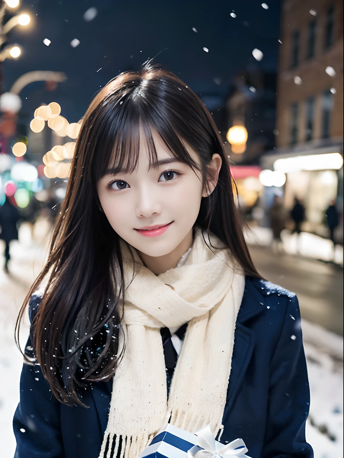 (Close-up portrait of one girl has long hair with dull bangs in a winter uniform and scarf coat:1.5)、(One girl open her arms widely with a shy smile has a gift box in hand  with gloves:1.5)、(Snowing winter night street corner with Christmas lights:1.5)、(Perfect Anatomy:1.3)、(No mask:1.3)、(complete fingers:1.3)、Photorealistic、Photography、masutepiece、top-quality、High resolution, delicate and pretty、face perfect、Beautiful detailed eyes、Fair skin、Real Human Skin、pores、((thin legs))、(Dark hair)