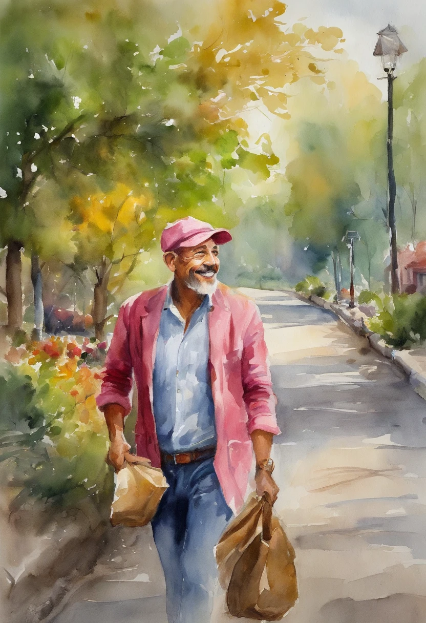 Please, Create a picture image of a 43-year-old man with yellow skin. He wears a pink hat on his head、Has a friendly smile on his face. Your clothes can be casual, Like a t-shirt and jeans. The scene around you is cheerful and sunny, suggests a pleasant climate. Please, Pay attention to facial details and expressions、Make your drawing as realistic and empathetic as possible