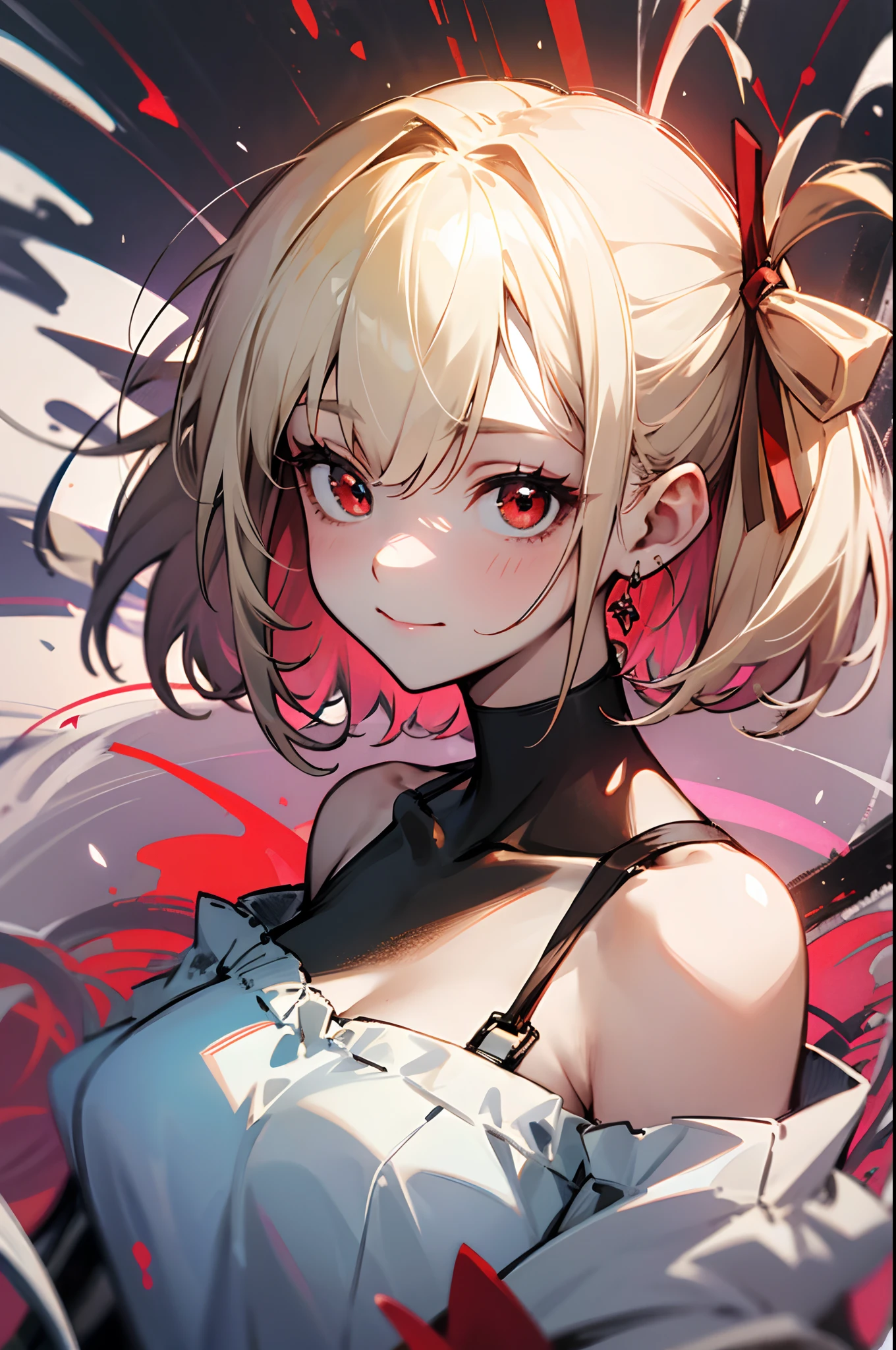 Chisatoniki, Chisato, Short hair, Bangs, Blonde hair, (Red Eyes:1.5), Hair Ribbon, One side up, bob cuts、a smile,
BREAK  shirt, Bare shoulders, Twin-tailed, 鎖骨, Hair Ribbon, White shirt, frilld, off shoulders, Red Ribbon, short twintails, off shoulder shirt, frill shirt,
BREAK outdoors, grass field，
BREAK looking at viewer, BREAK (masutepiece:1.2), Best Quality, High resolution, Unity 8k壁纸, (Illustration:0.8), (Beautiful detailed eyes:1.6), extra detailed face, Perfect Lighting, extremely details CG, (Perfect hands, Perfect Anatomy),