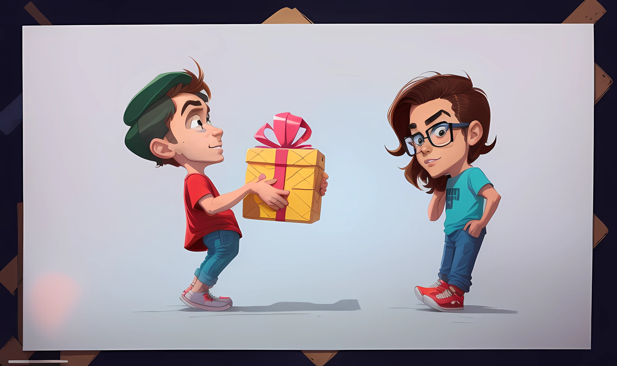Cartoon of a boy wearing a cap and giving a girl a gift, Desenho in cartoon style, segurando presente, Fanart, Giro, desenho animado de arte digital, charicatura, Cartoon style illustration, Caricato e simplista, arte digital dos desenhos animados, desenho animado bonito, John Tellegen illustration, Vencedor do concurso deviantart, arte dos desenhos animados, pintura digital dos desenhos animados, Feliz!!!