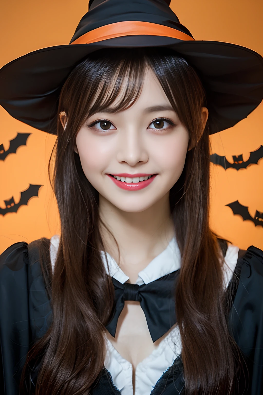((Halloween Witch Cosplay:1.2))、(realisitic、Photorealsitic、ultra-detailliert、Highest Details Skins、top-quality、masterpiece、超A high resolution)、Cute Japan Woman、18year old、hi-school girl、younggirl、I have bangs、二重まぶた、drooing eyes、Large black eyes、Japanese style face、Cute smile、Charming、purity、Straight face、double tooth、View here、Realistic skin type