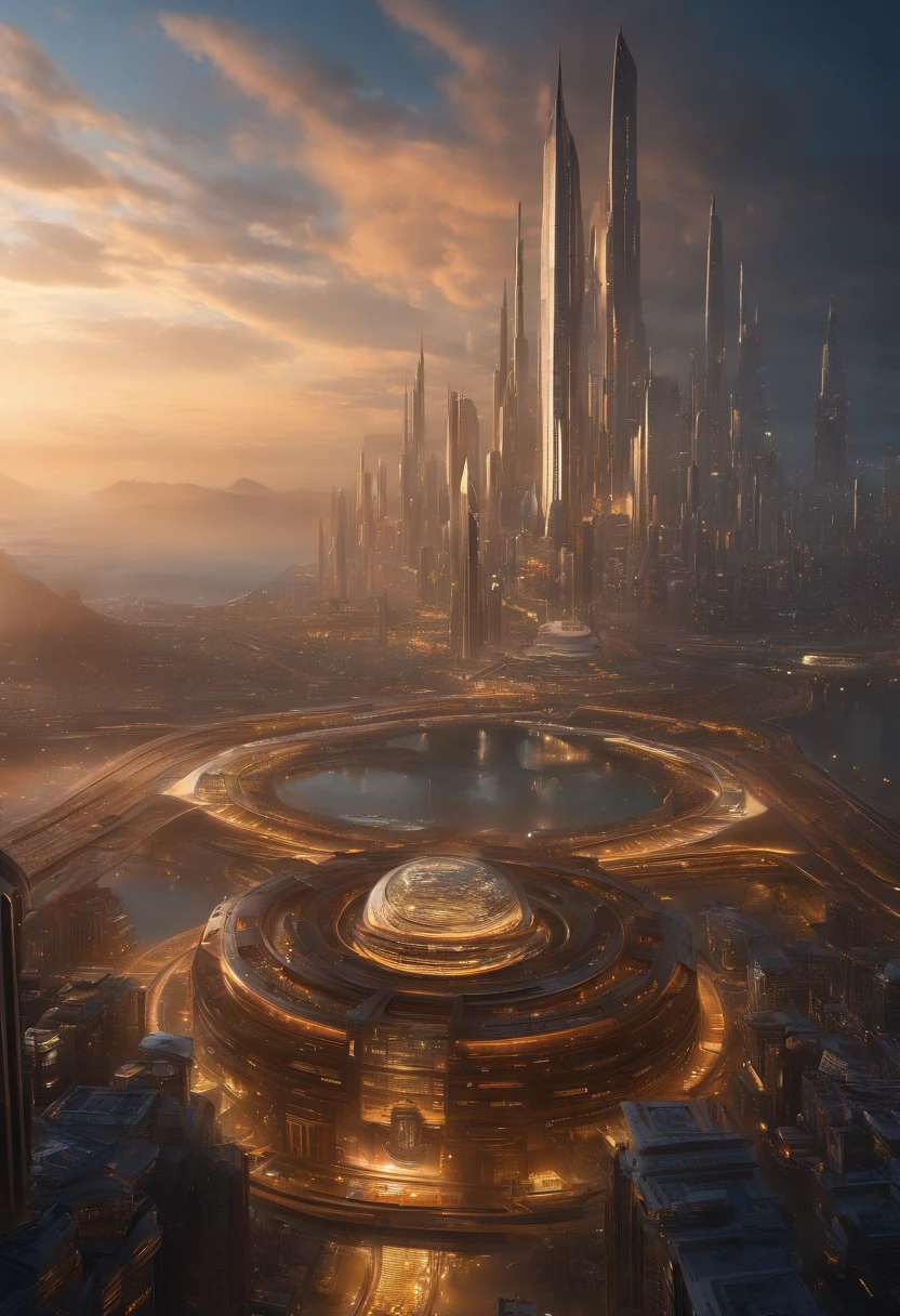 Create futuristic hyperealist works of art, Imagine a floating city in the sky, with complex architectural structures and advanced technology. Paint this futuristic city with a wealth of detail, capturing the bright lights, suspended platforms and flying vehicles that crisscross the skies.