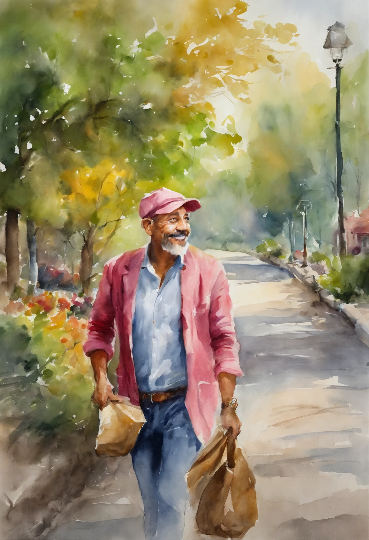 Please, Create a picture image of a 43-year-old man with yellow skin. He wears a pink hat on his head、Has a friendly smile on his face. Your clothes can be casual, Like a t-shirt and jeans. The scene around you is cheerful and sunny, suggests a pleasant climate. Please, Pay attention to facial details and expressions、Make your drawing as realistic and empathetic as possible