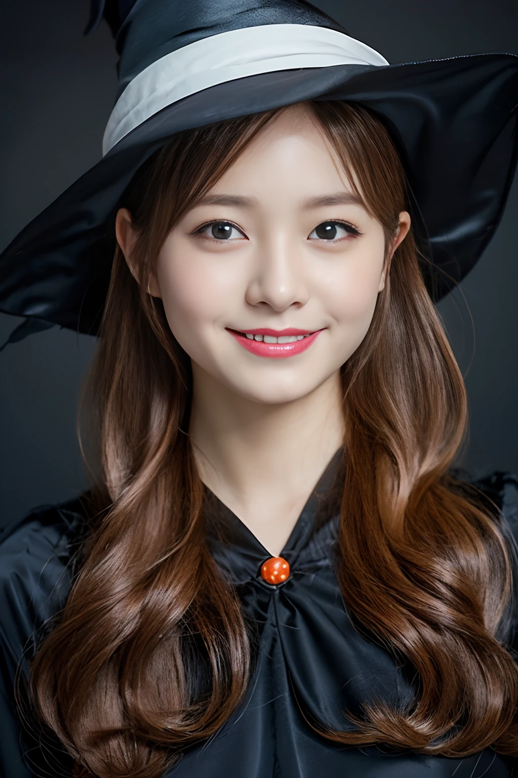 ((Halloween Witch Cosplay:1.2))、(realisitic、Photorealsitic、ultra-detailliert、Highest Details Skins、top-quality、masterpiece、超A high resolution)、Cute Japan Woman、18year old、hi-school girl、younggirl、I have bangs、二重まぶた、drooing eyes、Large black eyes、Japanese style face、Cute smile、Charming、purity、Straight face、double tooth、View here、Realistic skin type