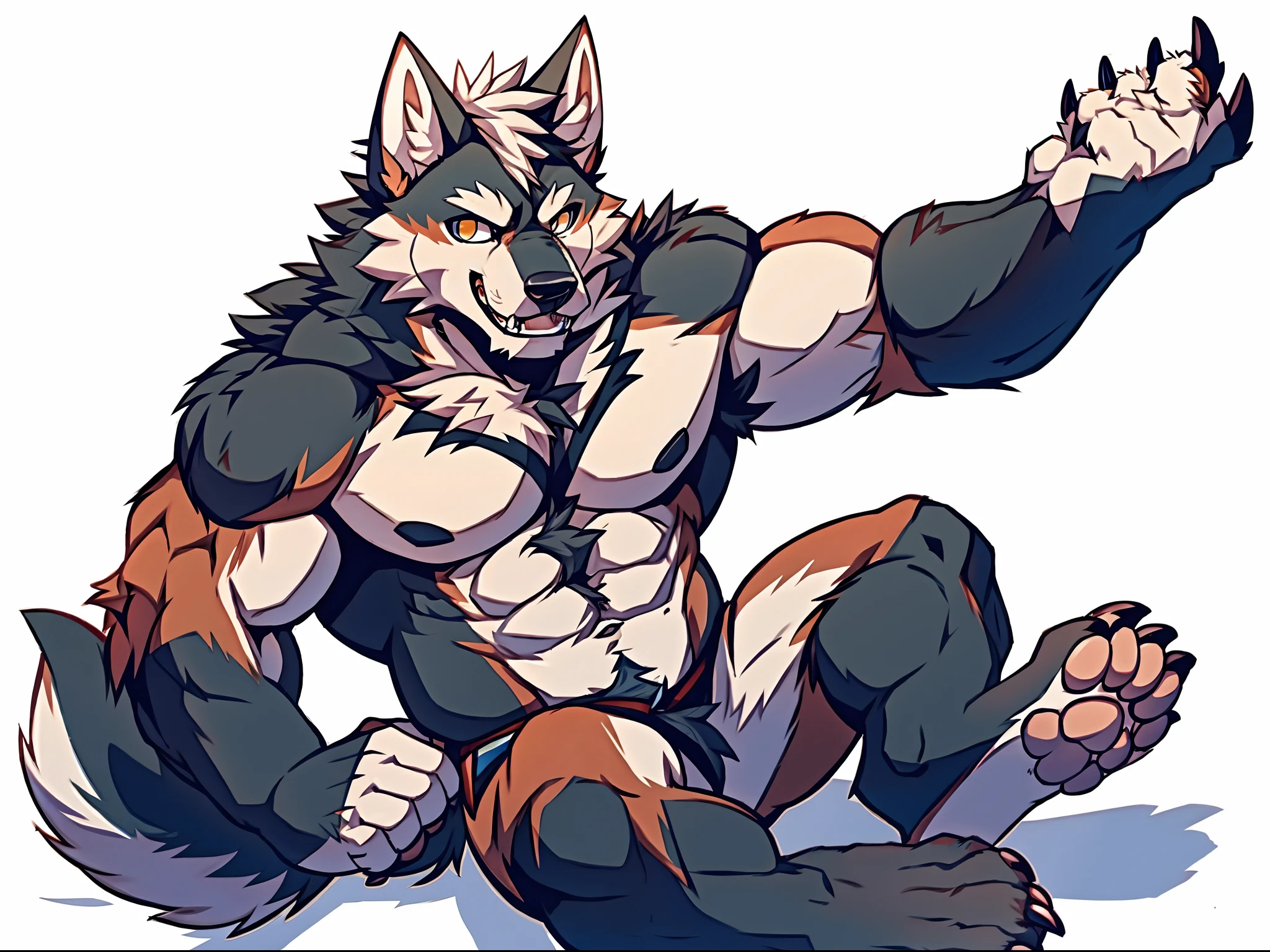 Human-wolf,musculous,Hairy all over,clawed paws,erect through