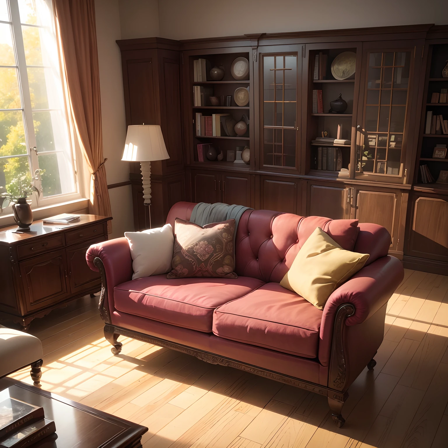 (best quality,4k,8k,highres,masterpiece:1.2),ultra-detailed,(realistic,photorealistic,photo-realistic:1.37),digital art,painting,vibrant colors,soft lighting,modern interior,rich home,bookshelf,sofa,laptop,detailed scene,dark wood flooring
In this digital artwork,I will depict a modern interior scene of a wealthy family in detail。This room has a comfortable sofa and a spacious bookcase,The shelves are stocked with books and art