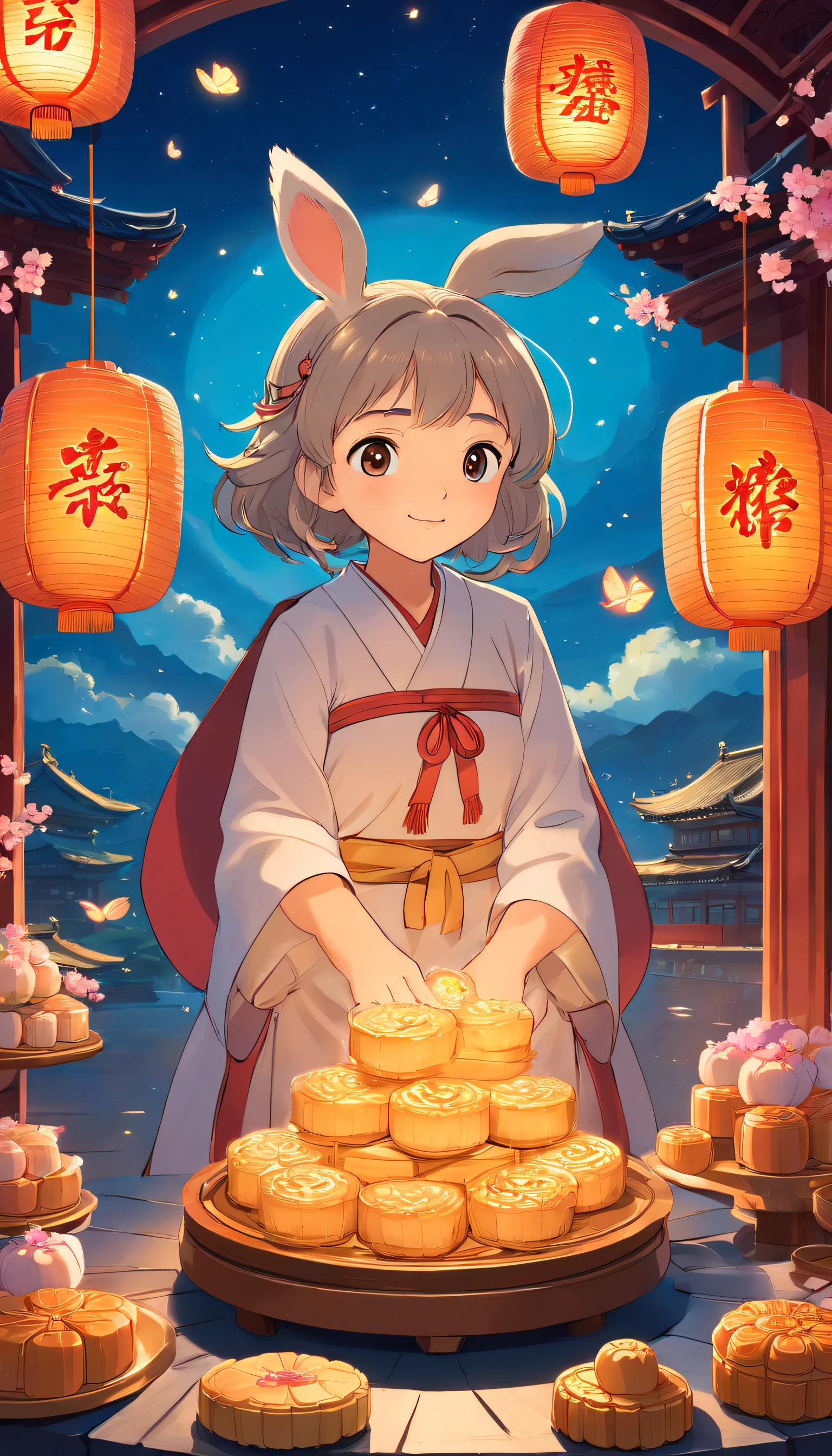 Delicious mooncakes,cinematic ligh,Complicated details,hyper-detailing,Ultra photo realsisim,8K UHD,Place on a blue and white porcelain plate,adorable rabbit,Holding mooncakes,themoon,peach blossom,lanterns,mid-autumn festival