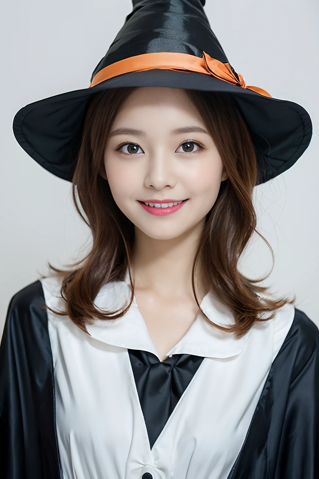 ((Halloween Witch Cosplay:1.2))、(realisitic、Photorealsitic、ultra-detailliert、Highest Details Skins、top-quality、​masterpiece、超A high resolution)、Cute Japan Woman、18year old、hi-school girl、younggirl、I have bangs、二重まぶた、drooing eyes、Large black eyes、Japanese style face、Cute smile、Charming、purity、Straight face、double tooth、View here、Realistic skin type