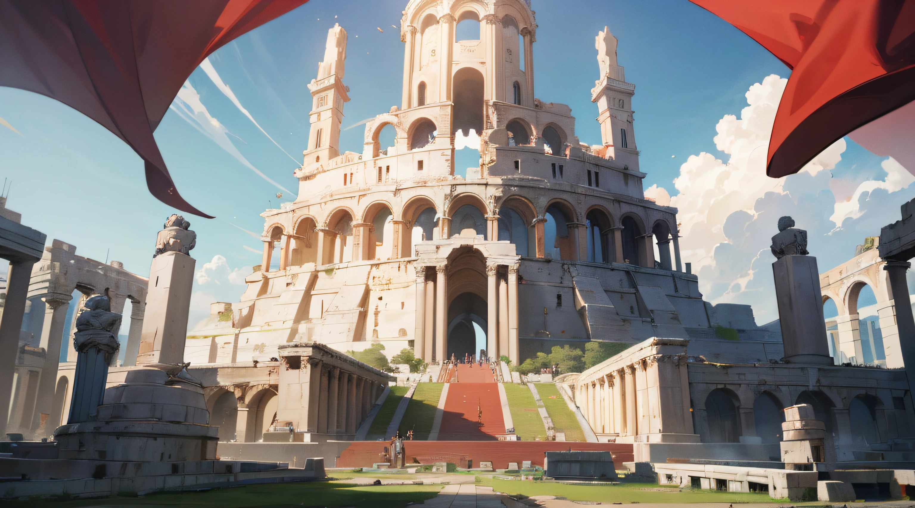 high quality, marble, roman city, red banner, majestic, landscape, masterpiece, dreamlikeart absurdres, tower of babel