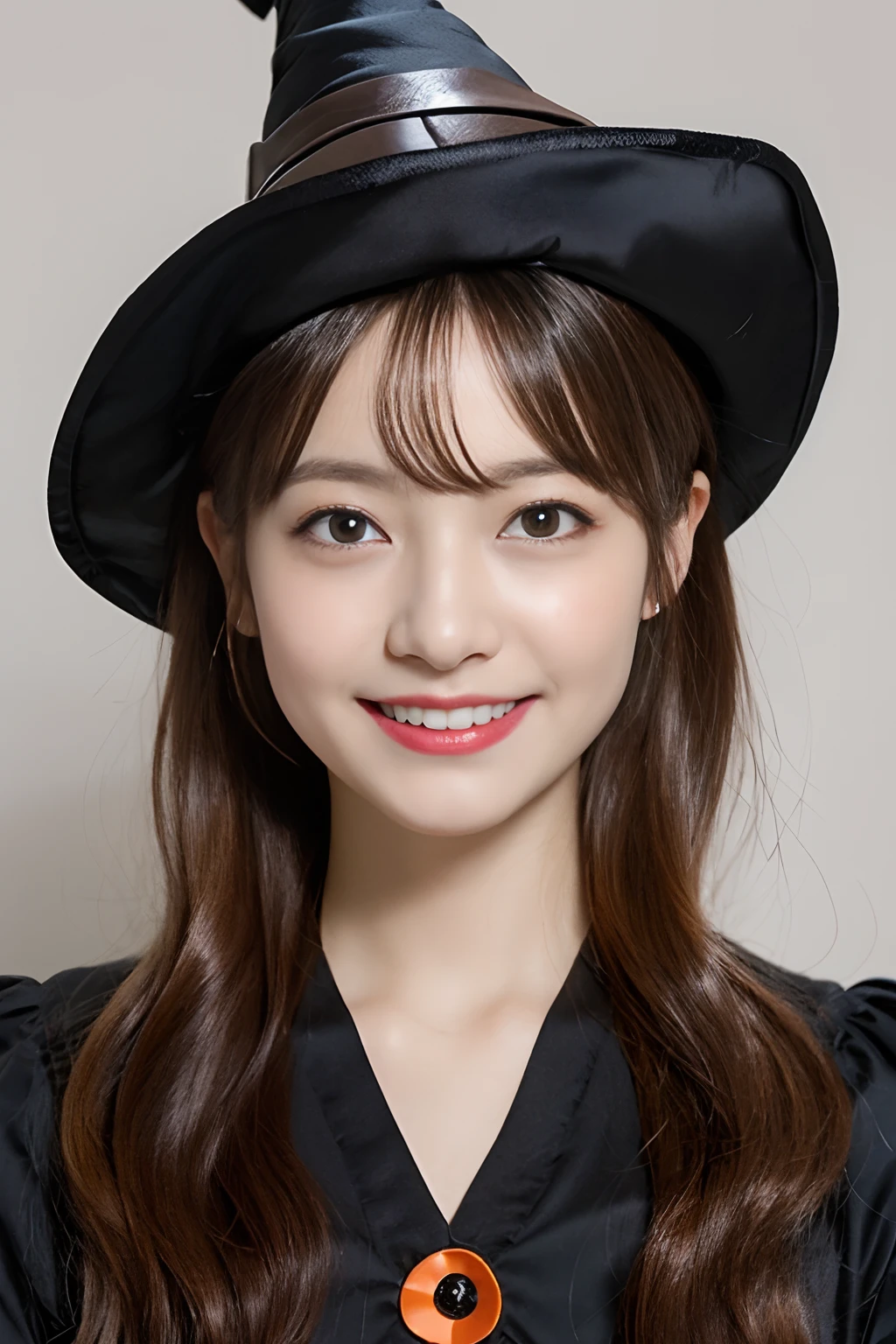 ((Halloween Witch Cosplay:1.2))、(realisitic、Photorealsitic、ultra-detailliert、Highest Details Skins、top-quality、masterpiece、超A high resolution)、Cute Japan Woman、18year old、hi-school girl、younggirl、I have bangs、二重まぶた、drooing eyes、Large black eyes、Japanese style face、Cute smile、Charming、purity、Straight face、double tooth、View here、Realistic skin type