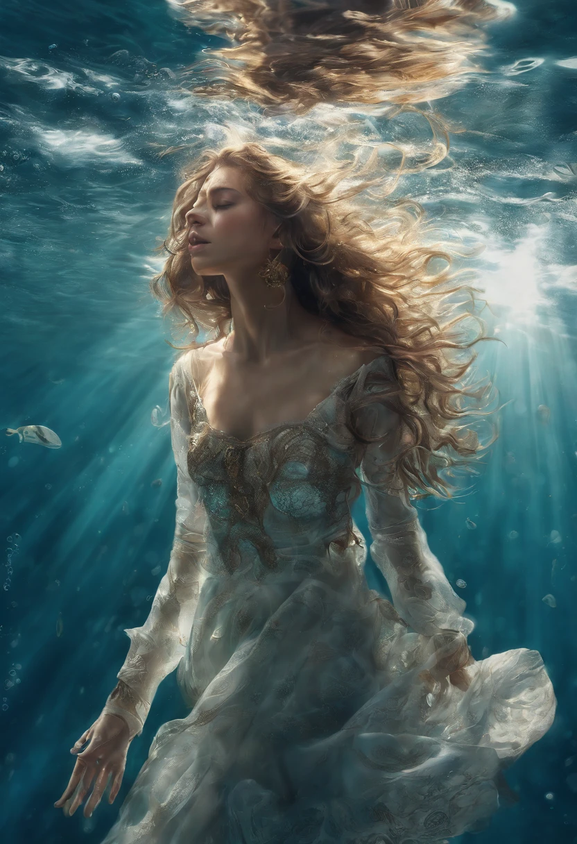 A young beautiful woman descends to the bottom of the sea,Her face turned to the surface of the water, As if sinking into the abyss. Her eyes are closed, A happy look appeared on her face, It's as if carried away by water in a dream. The water around her should be crystal clear, Sunlight from the surface should create fascinating patterns of light and shadow. Imagine her hair flowing gracefully,Sea creatures gently surrounded her. The image should convey a sense of serenity and wonder, Capture the experience of immersing yourself in enjoyable underwater dreams,Because she descended into the depths of the ocean.