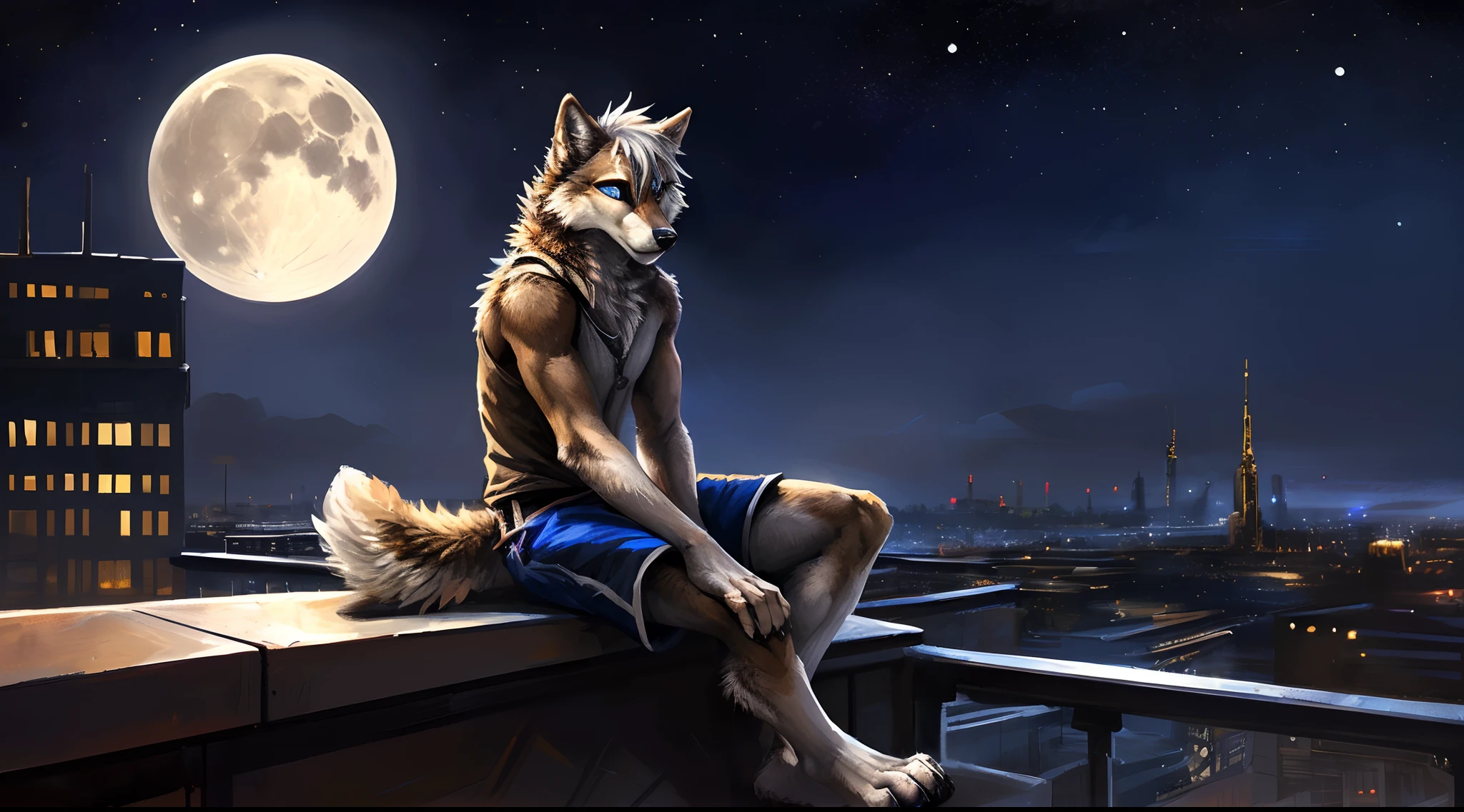 ((Solo)), male people, anthro wolf, (Multi-colored fur, White-brown:1.3), ((Wolf face, White hair, Big eyes, White eyelids, Blue pupil, Slim:1.2) (Tough, Calm expression:1.2)), Abs, Slim, pinging)), (Correct anatomy), (Work shorts:1.1), (Contour bone:1.2), The upper body is naked, (detailed outfits),A big tail,Feet,Long legs,(Realistic fur, Detailed fur texture, labeled:1.3)), (Natural lighting), Photorealistic, Hyperrealistic, ultradetailed, by Kenket,In the modern city,Roof roof,the night,Sit alone,Look at a full moon,It was dark,Starry