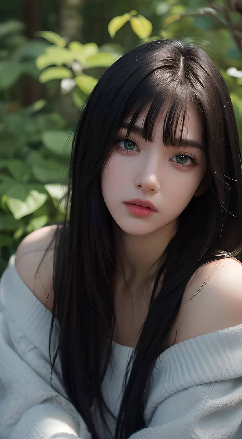Best quality, masterpiece, ultra high res, (photorealistic:1.5), raw photo, 1 mature girl, offshoulder, in the dark, deep shadow, low key, cold light, sexy look, long straight hair with flat bangs, green eyes