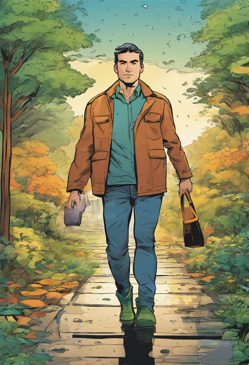 a man walking in a park , its raining