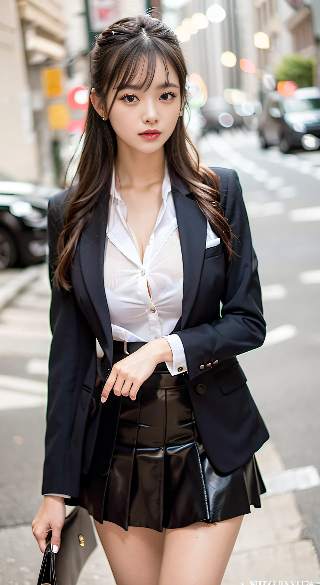 Woman in black skirt and white BRA walks down the street, Wearing a black sexy suit, Holding a bag,Wearing a business suit, (((beautiful countenance))),(((big eye))),(((Beautiful eyes))),(((long lashes))),((Beautiful teeth alignment)),Wearing a sexy suit,(((Colossal tits))), ((cleavage of the breast)),(( nippleless)), Girl in a suit, Girl in suit, Wearing a tight suit, Black sexy suit, wearing fashion suit, digital art of an elegant,micromini skirt、