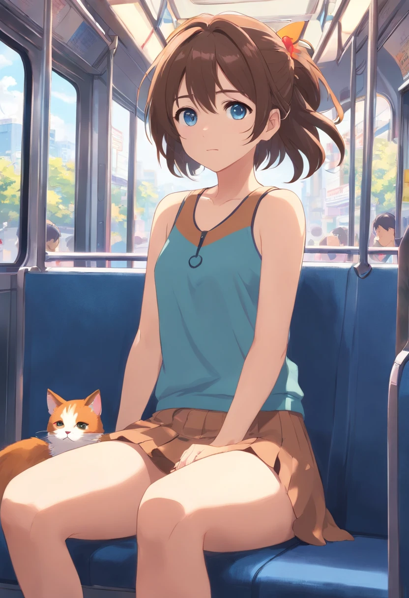 masterpiece, best quality, 1girl, solo, natsuiro matsuri, blue eyes, brown hair, petite, side ponytail, cat hair ornament, side ponytail, ahoge, lat chest, sandy brown tank top, flower trim, lightslate gray skirt,, hair ribbon, barefoot, on the bus, crowd, reclining, pov, tired