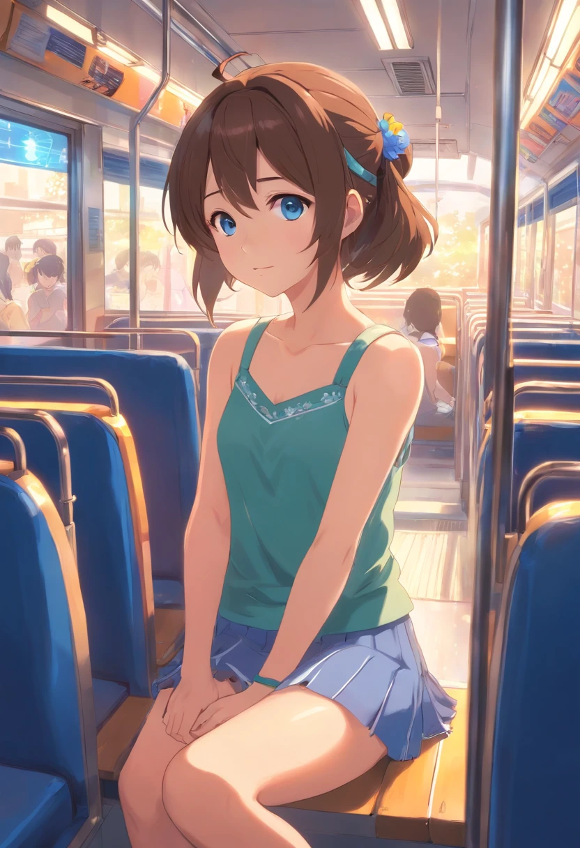 masterpiece, best quality, 1girl, solo, natsuiro matsuri, blue eyes, brown hair, petite, side ponytail, cat hair ornament, side ponytail, ahoge, lat chest, sandy brown tank top, flower trim, lightslate gray skirt,, hair ribbon, barefoot, on the bus, crowd, reclining, pov, tired