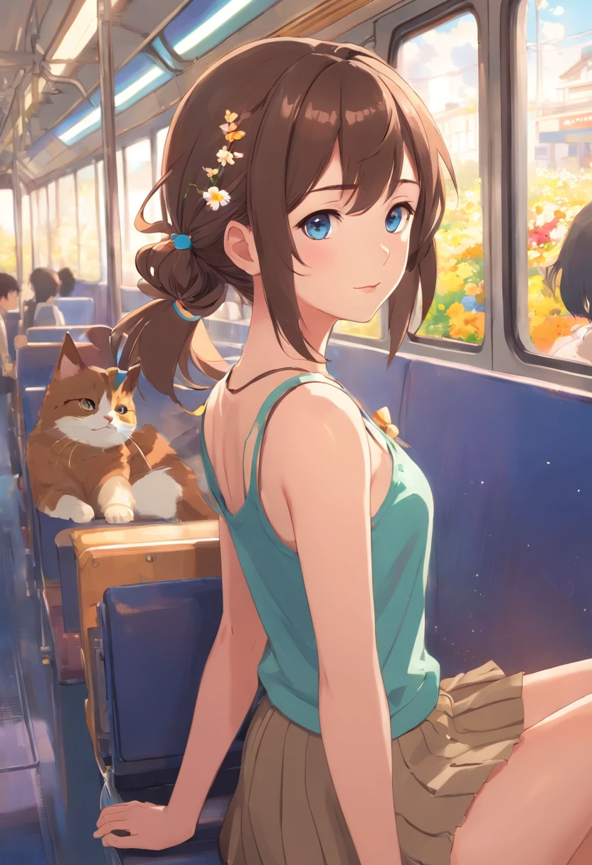 masterpiece, best quality, 1girl, solo, natsuiro matsuri, blue eyes, brown hair, petite, side ponytail, cat hair ornament, side ponytail, ahoge, lat chest, sandy brown tank top, flower trim, lightslate gray skirt,, hair ribbon, barefoot, on the bus, crowd, reclining, pov, tired