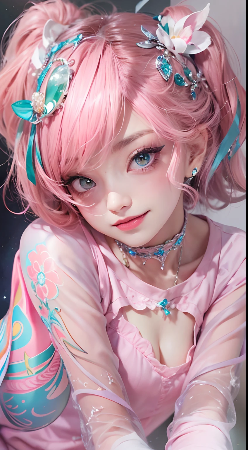 1girll,（Captivating quality：1.4），（True textured skins of the highest quality), Delicate face,Pink twin-tailed hair, Gradient Hair, （perfect bodies：1.1），Heart-shaped choker、long eyelasher,grin, hyperphotorealism, Cinematic lighting, projected inset, surrealism, hyper HD, masutepiece，Dream On，Please wear clear silk pajamas,Carmelto，tattooed，Fantasy space，Luxurious space