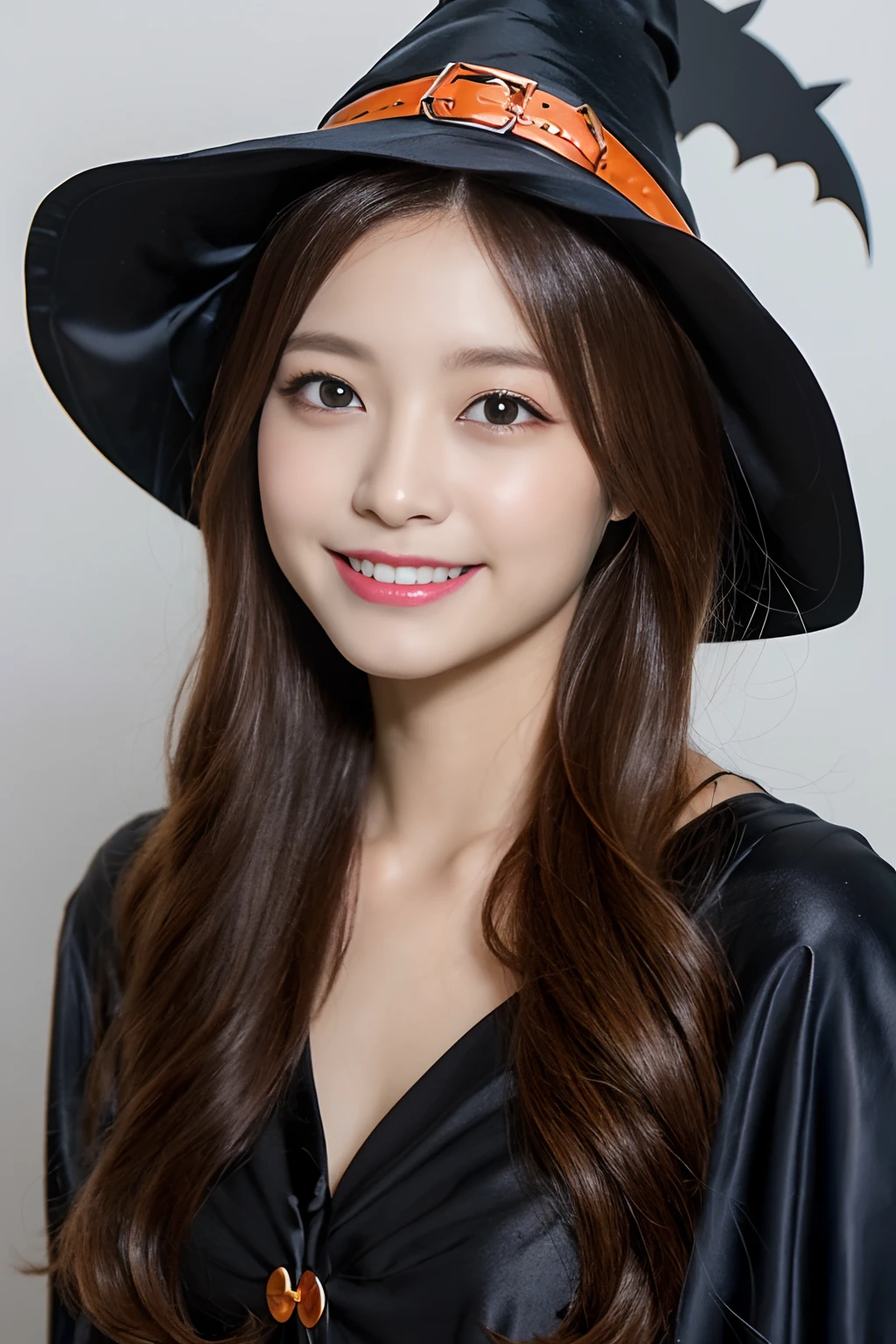 ((Halloween Witch Cosplay:1.2))、(realisitic、Photorealsitic、ultra-detailliert、Highest Details Skins、top-quality、masterpiece、超A high resolution)、Cute Japan Woman、18year old、hi-school girl、younggirl、I have bangs、二重まぶた、drooing eyes、Large black eyes、Japanese style face、Cute smile、Charming、purity、Straight face、double tooth、View here、Realistic skin type