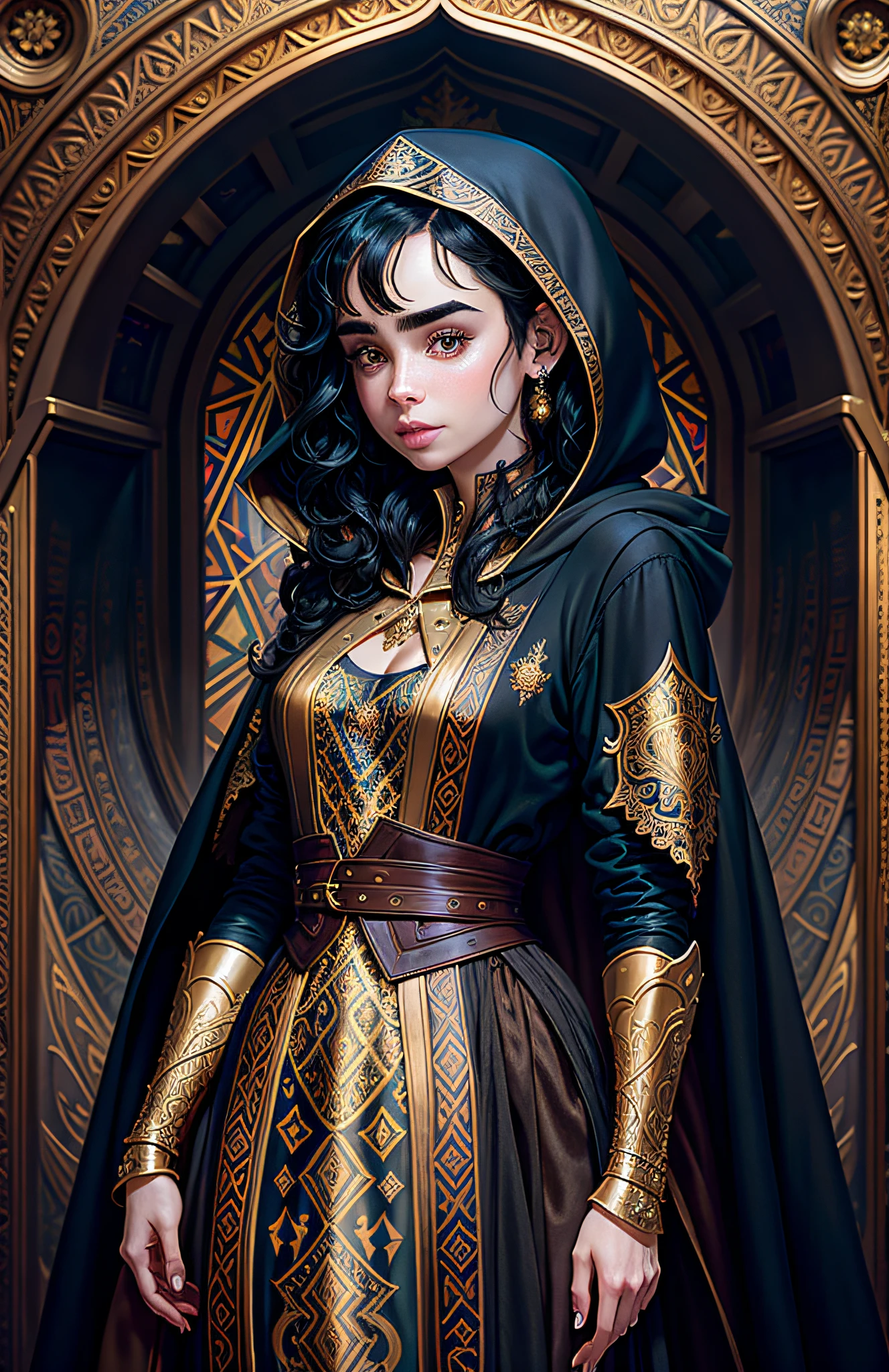 Lily Collins with curly black hair in a hoodie and wearing a medieval dress illustration is detailed, detailed face, soft and bright, HD art by Greg Hildebrandt, Liu Citemer, Sejic Stjepan, Samyang, Aykut Aydogdu, Justin Gerard, Alphonse Mucha, Artgerm, WLOP and Greg rutkowski