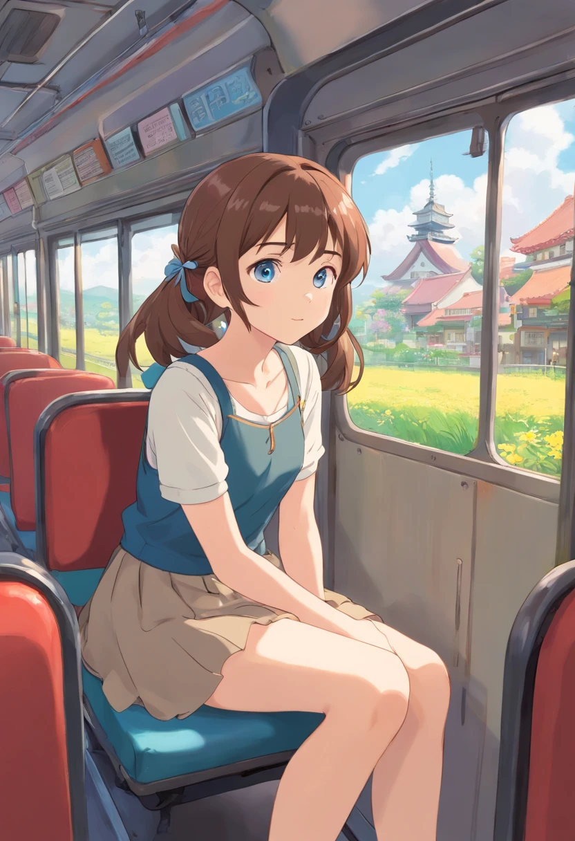 masterpiece, best quality, 1girl, solo, natsuiro matsuri, blue eyes, brown hair, petite, side ponytail, cat hair ornament, side ponytail, ahoge, lat chest, sandy brown tank top, flower trim, lightslate gray skirt,, hair ribbon, barefoot, on the bus, crowd, reclining, pov, tired