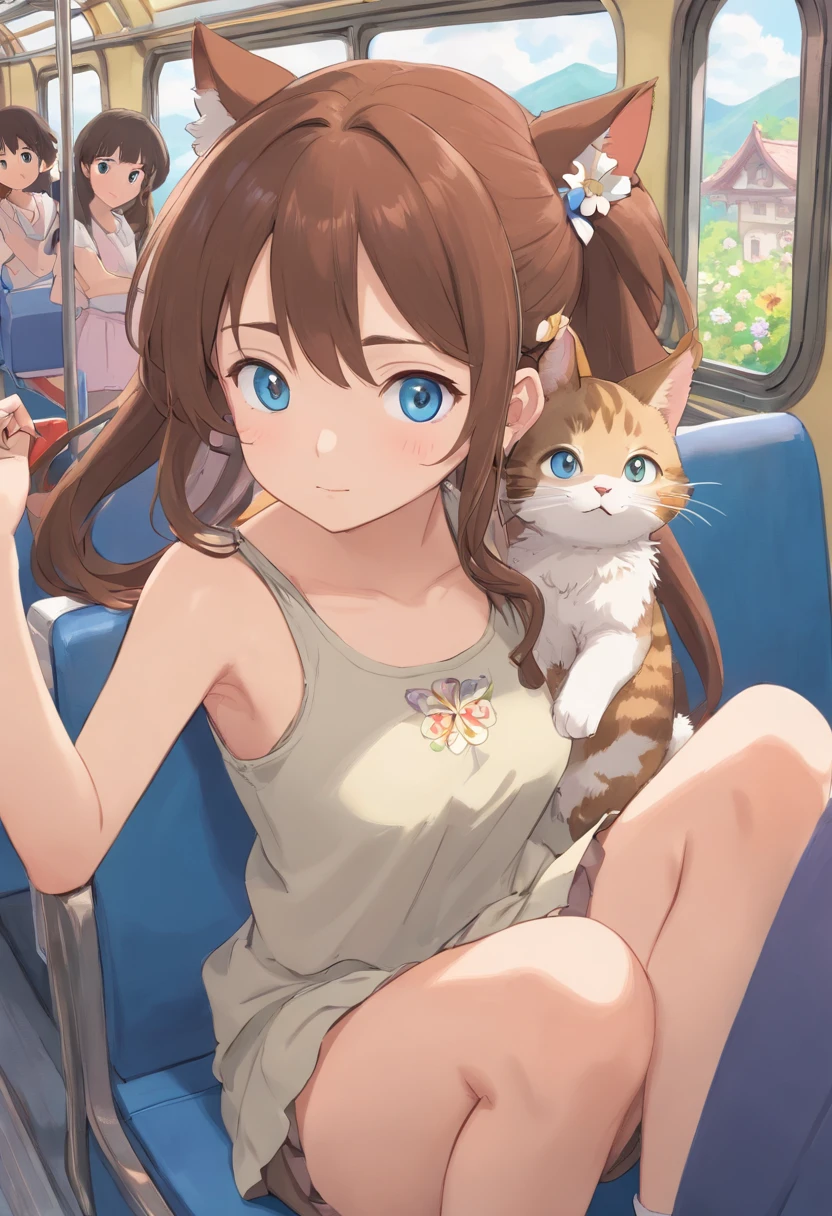 masterpiece, best quality, 1girl, solo, natsuiro matsuri, blue eyes, brown hair, petite, side ponytail, cat hair ornament, side ponytail, ahoge, lat chest, sandy brown tank top, flower trim, lightslate gray skirt,, hair ribbon, barefoot, on the bus, crowd, reclining, pov, tired