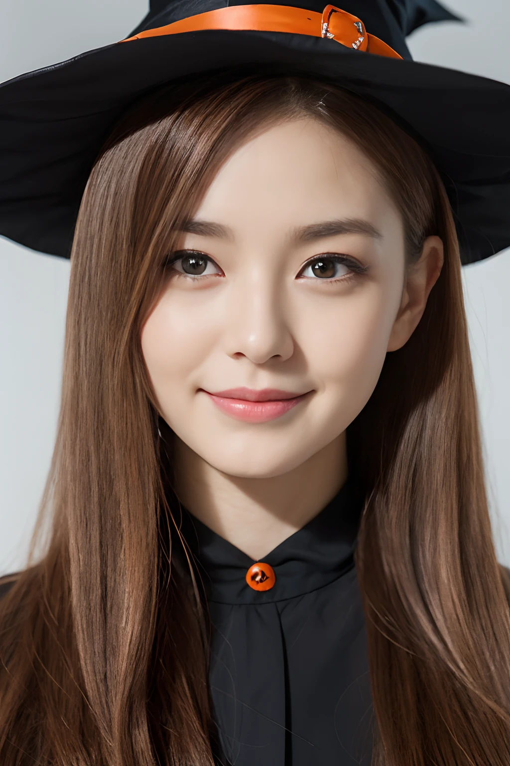 ((Halloween Witch Cosplay:1.2))、(realisitic、Photorealsitic、ultra-detailliert、Highest Details Skins、top-quality、masterpiece、超A high resolution)、Cute Japan Woman、18year old、hi-school girl、younggirl、I have bangs、二重まぶた、drooing eyes、Large black eyes、Japanese style face、Cute smile、Charming、purity、Straight face、double tooth、View here、Realistic skin type