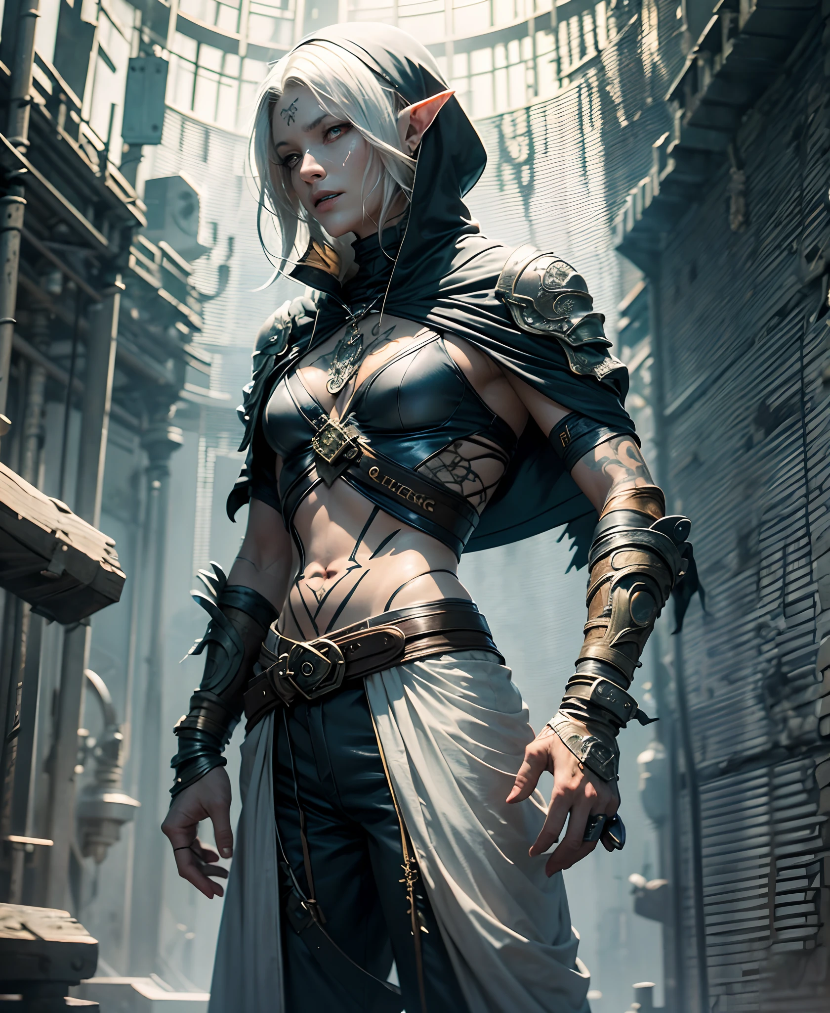 A drow elf with skin of deep obsidian, refined angular features face , a sharp jawline, little scar on left cheek, white hair and shoulder length. Intricate tattoo of arcane sigils on the neck. Wears lightweight, dark-hued clothing, a hooded cloak made of dark fabric and a fitted tunic and trousers. Carries a hand crossbow holstered at his side, and has 2 slender daggers strapped to his lower back. his fiery red eyes and flowing white hair. The shadow looking like alive --auto --s2