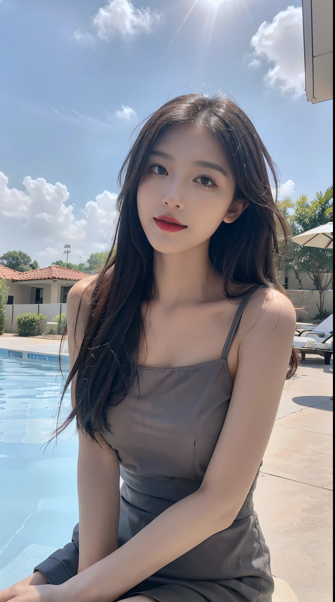 1 Girl,swimming pool,Soft Light,Chinese Beauty,Suit skirt,Long hair