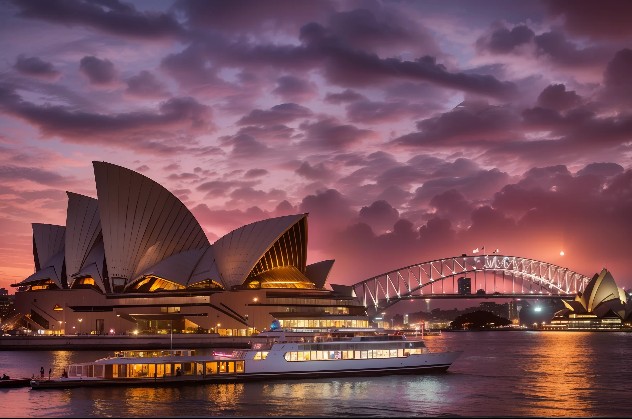 (a beautiful night view of the Sydney Opera House, vibrant colors, picturesque)(best quality, highres:1.2),ultra-detailed,sharp focus,HDR,studio lighting,physically-based rendering,vivid colors,glowing sunset,orange and pink hues,picturesque sky,the iconic sails,a masterpiece of engineering,glittering windows,impressive structure,tourists enjoying the view,captivated by its beauty, [magnificent] skyline,austere and modern buildings around, sleek design,symmetry and elegance, silhouettes of people taking a walk, [blurred motion] of boats passing by, unforgettable experience,imprinted in memories,a symbol of Sydney,cultural landmark. (landscape,photography)