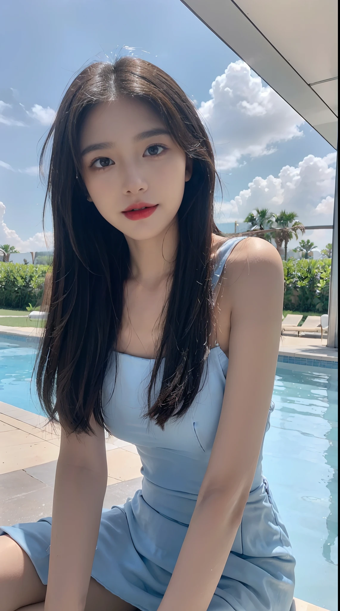 1 Girl,Swimming pool,Soft Light,Chinese Beauty,Tight Fit,dress,Dark-haired,long hair