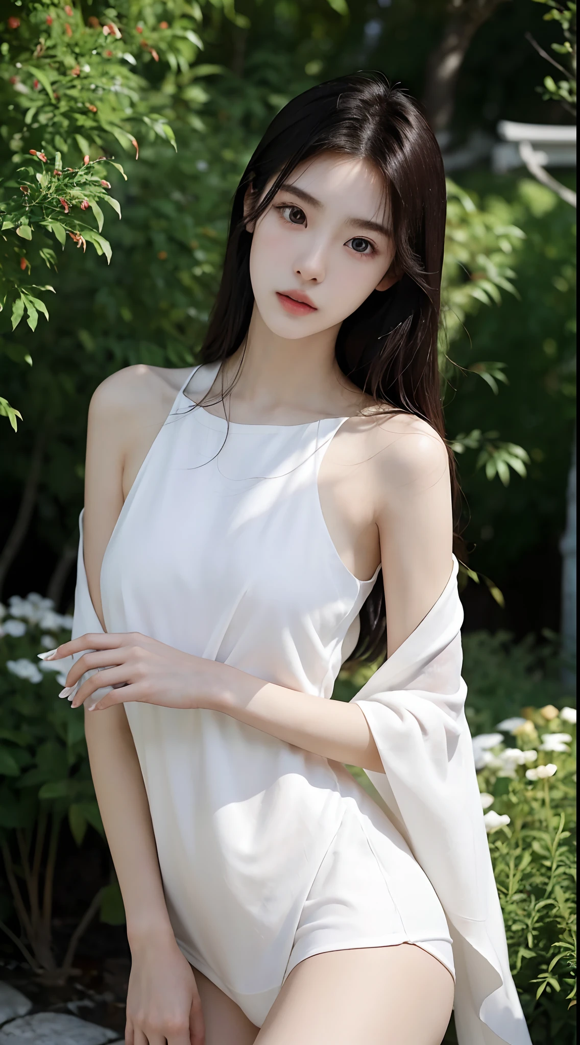 Japanese and Korean beauties，18yr old，Pure and cute，16K HD is realistic，Photographic quality，delicated face，mesmerizing eyes，二重まぶた，long eyelasher，sensual lip，Slim and slim，White skin，Realistic slender five fingers，In the background garden，Ethereal beauty