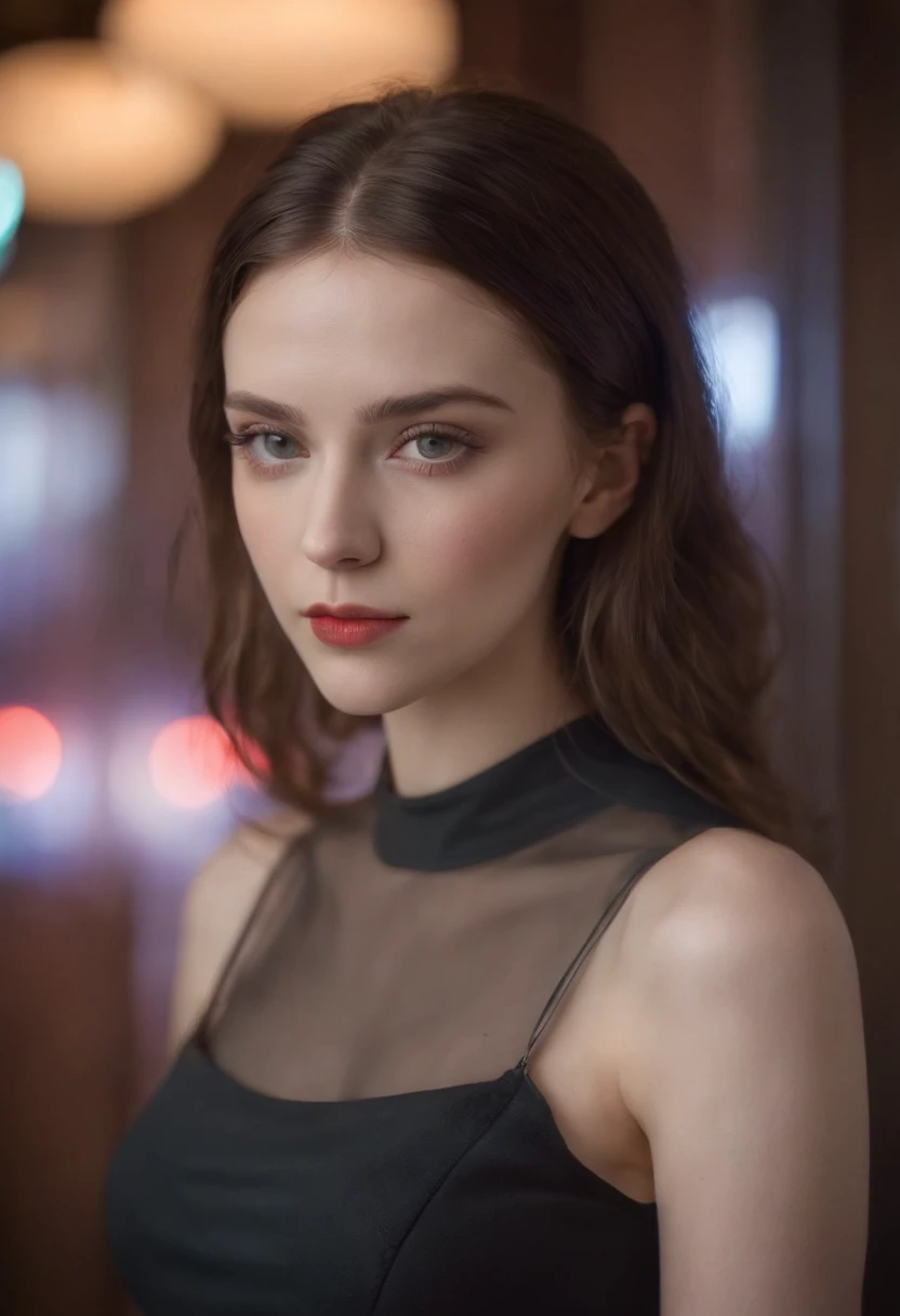 Full face portrait photo of a 21-year-old German girl, .RAW, Beautiful woman, semi-open strawberry lips, Covinhas, melancholy gaze, olhos verdes, Pupilas grandes, large eyelashes, (cabelos castanhos ondulados extra longos), ((Rosto detalhado)), ((detailed facial features)), (pele finamente detalhada), pale skin, (decote profundo detalhado vestido cyberpunk de alta tecnologia), ambiente cyberpunk cyberpunk megacity, (cores frias), humid, humid, reflexions, (master part) (perfect aspect ratio) (Realistic photo) (best quality) (circunstanciado) filmado em uma Canon EOS R5, Lente 50mm, F/2.8, HDR, (8k) (papel de parede) (Cinematic lighting) (dramatic lighting) (foco nítido) (intrincado)