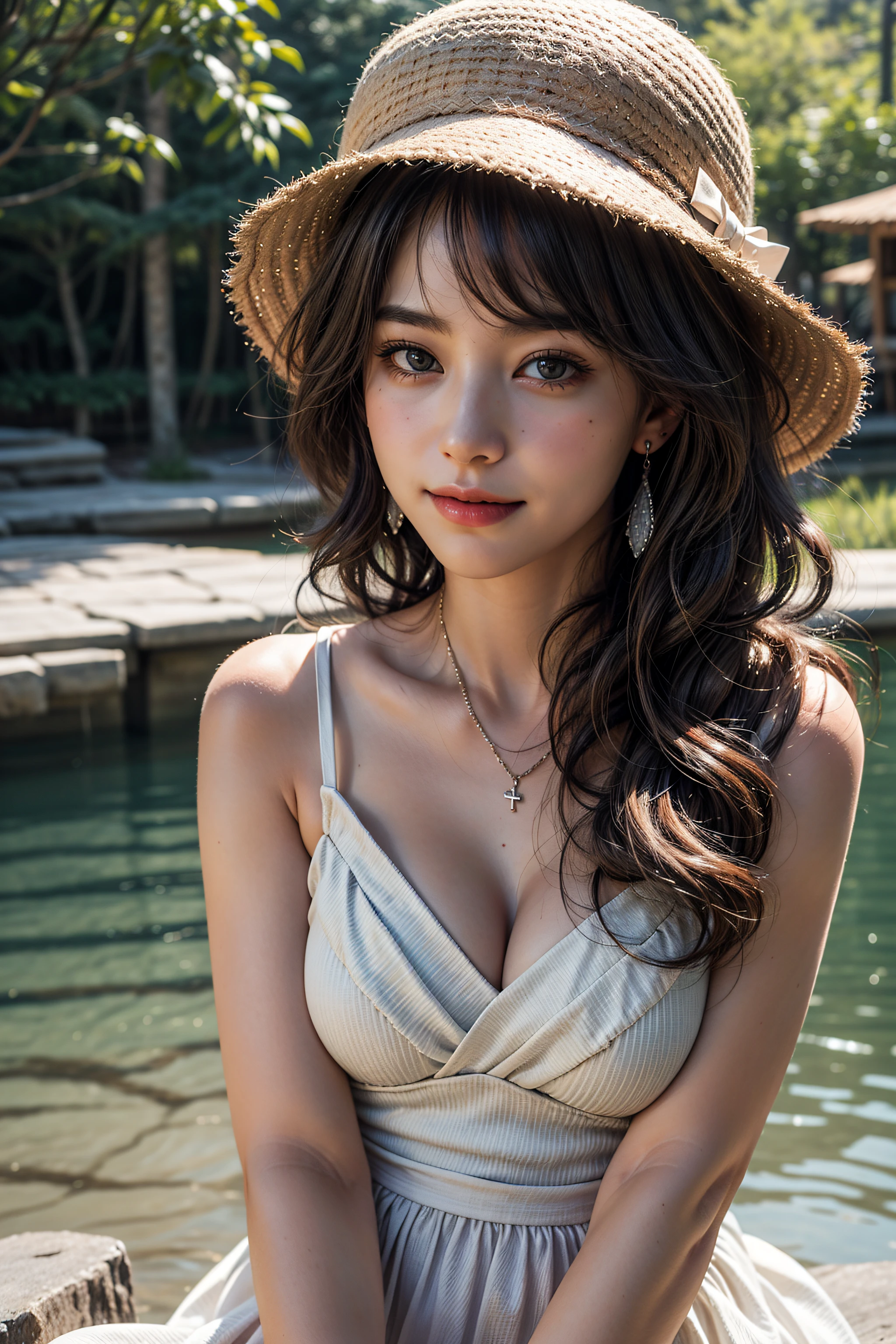 masterpiece, ultra high res, (photorealistic:1.4), raw photo, 1girl, poses for photo near lake, wavy hair, brown hair, wearing a hat, earrings necklaces, glowing skin, beauty dress, light smile, cinematic lighting